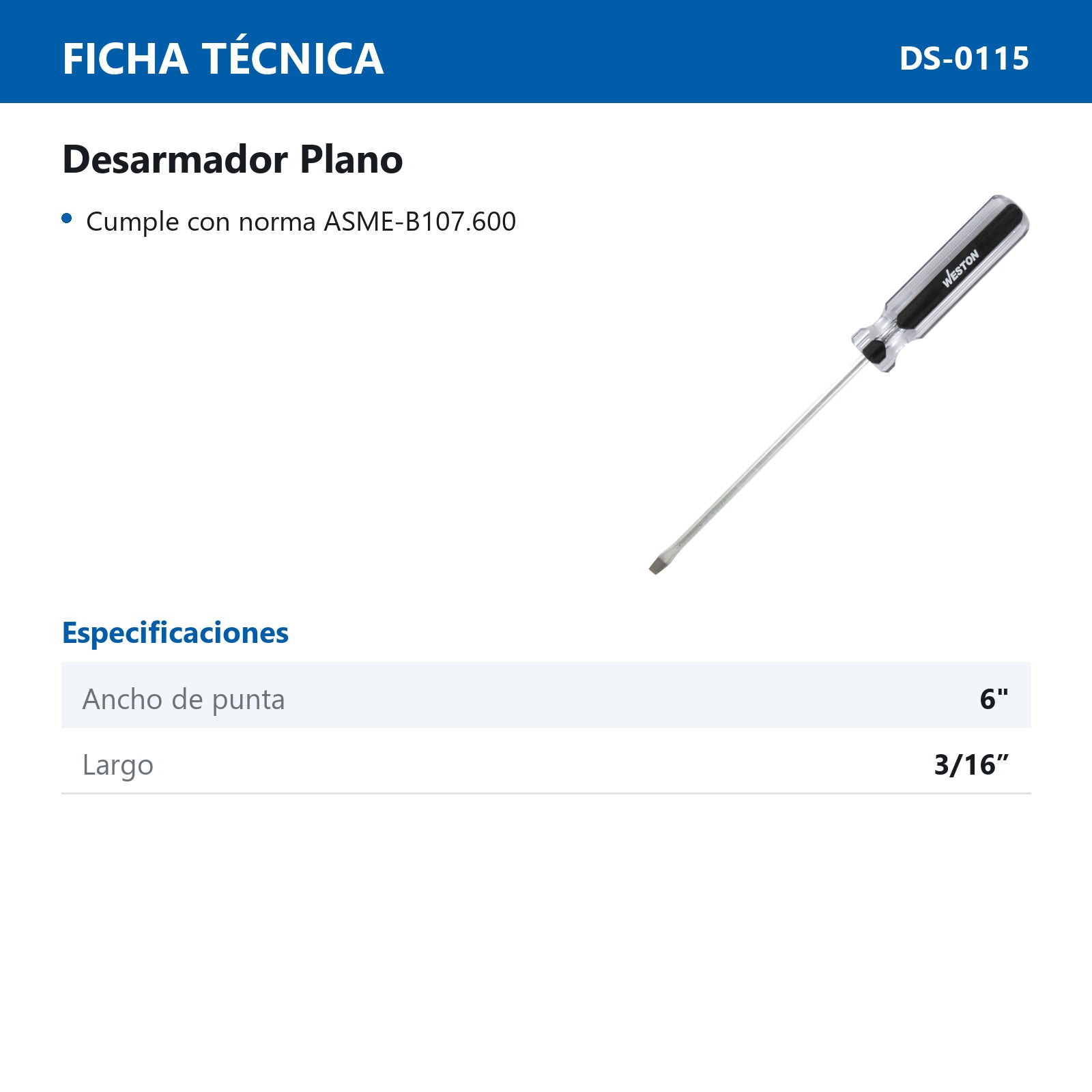 DESARMADOR PLANO 3/16 X 6" MANGO PVC ASME-B107.600 (CAJA C/6 PZAS - PRECIO X PIEZA) - Imagen 3
