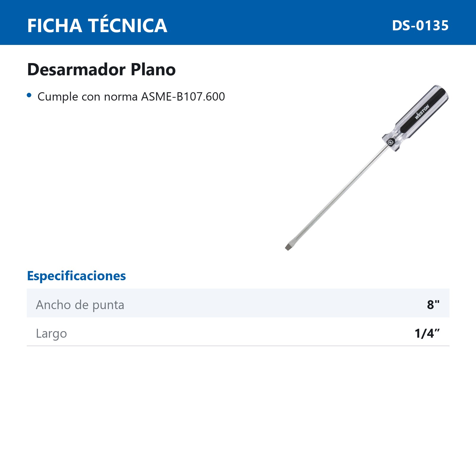 DESARMADOR PLANO 1/4 X 8" MANGO PVC ASME-B107.600 (CAJA C/6 PZAS - PRECIO X PIEZA) - Imagen 3