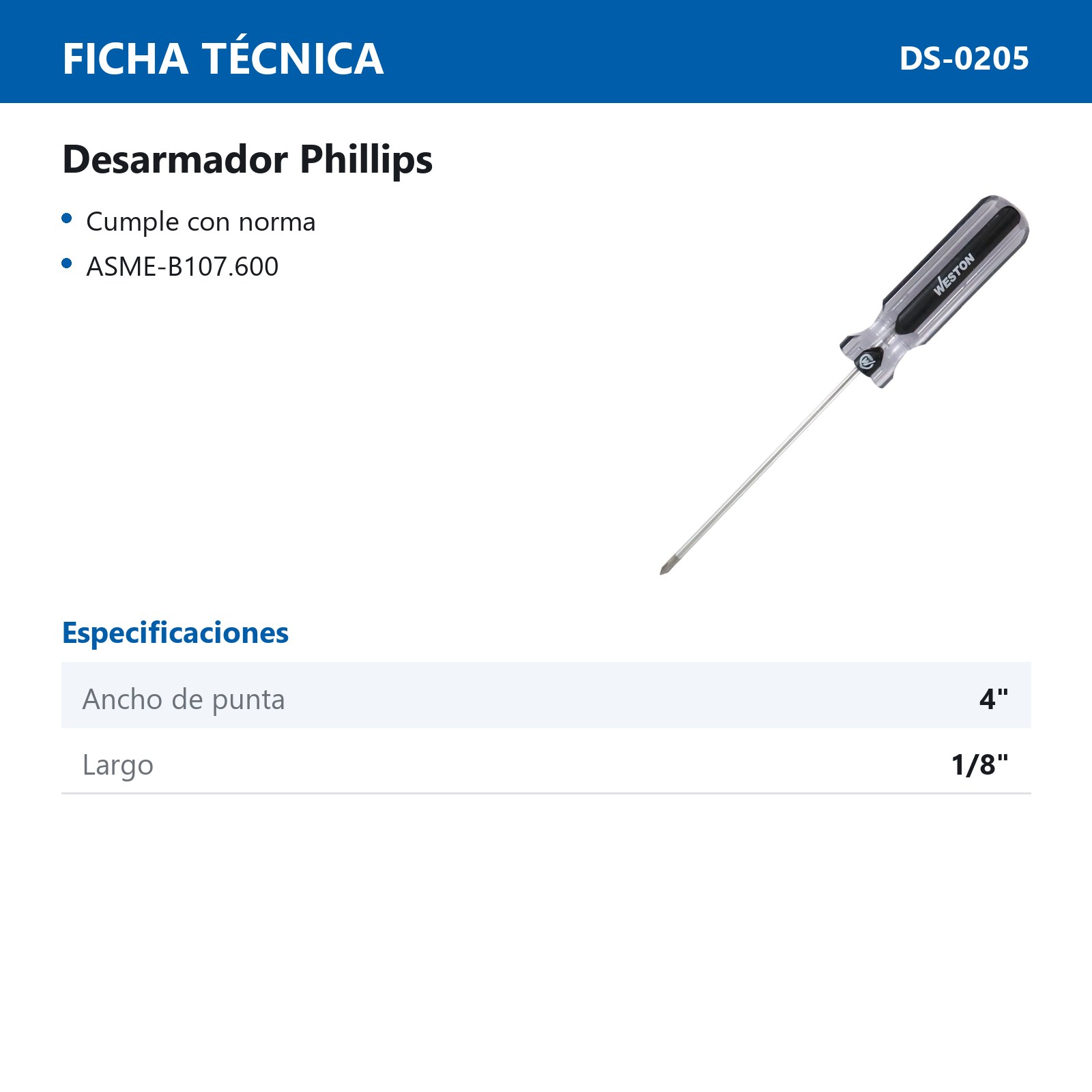 DESARMADOR PHILLIPS 1/8 X 4" MANGO PVC ASME-B107.600 (CAJA C/6 PZAS - PRECIO X PIEZA) - Imagen 3