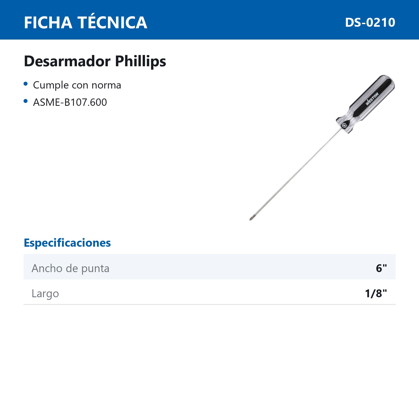 DESARMADOR PHILLIPS 1/8 X 6" MANGO PVC ASME-B107.600 (CAJA C/6 PZAS - PRECIO X PIEZA) - Imagen 3