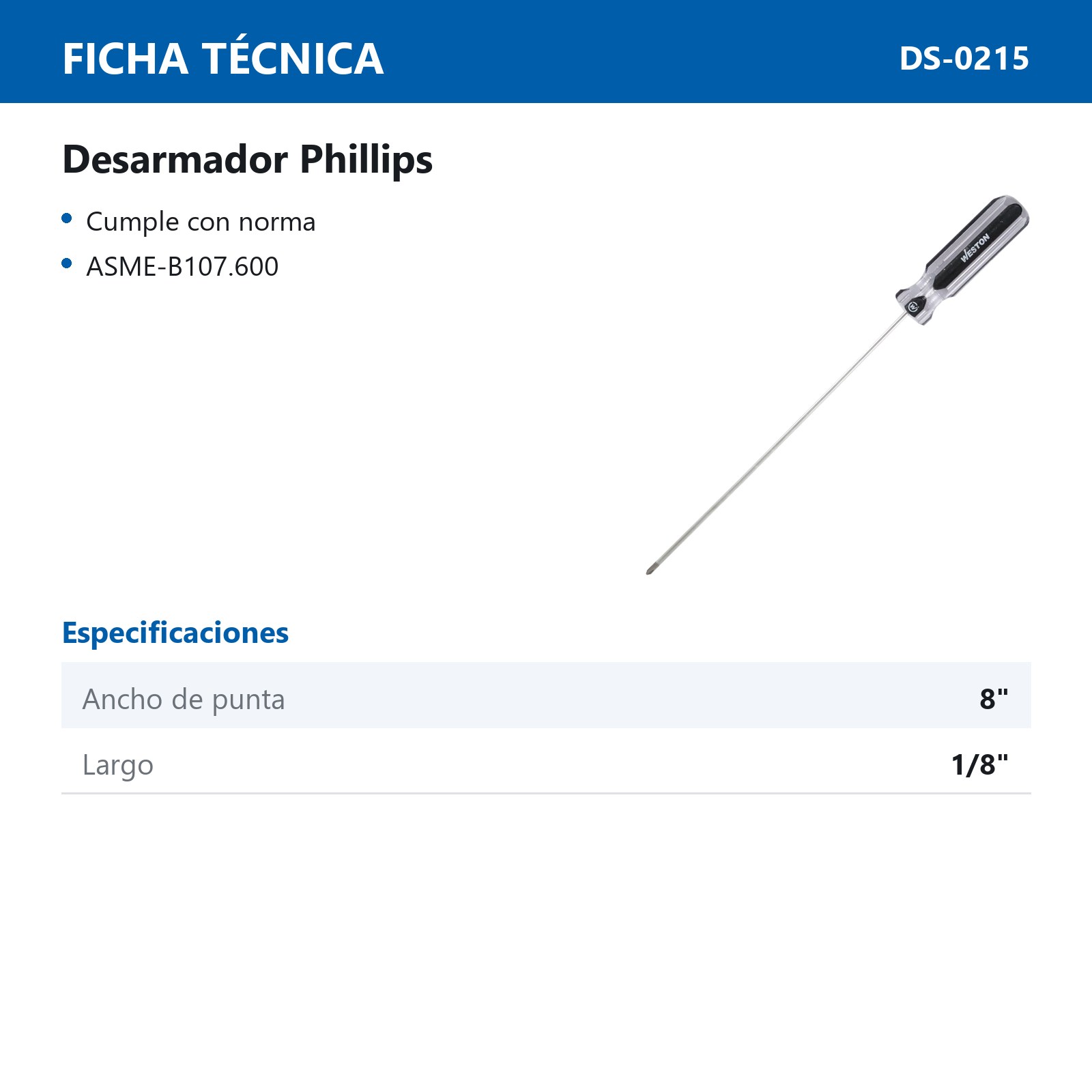 DESARMADOR PHILLIPS 1/8 X 8" MANGO PVC ASME-B107.600 (CAJA C/6 PZAS - PRECIO X PIEZA) - Imagen 3