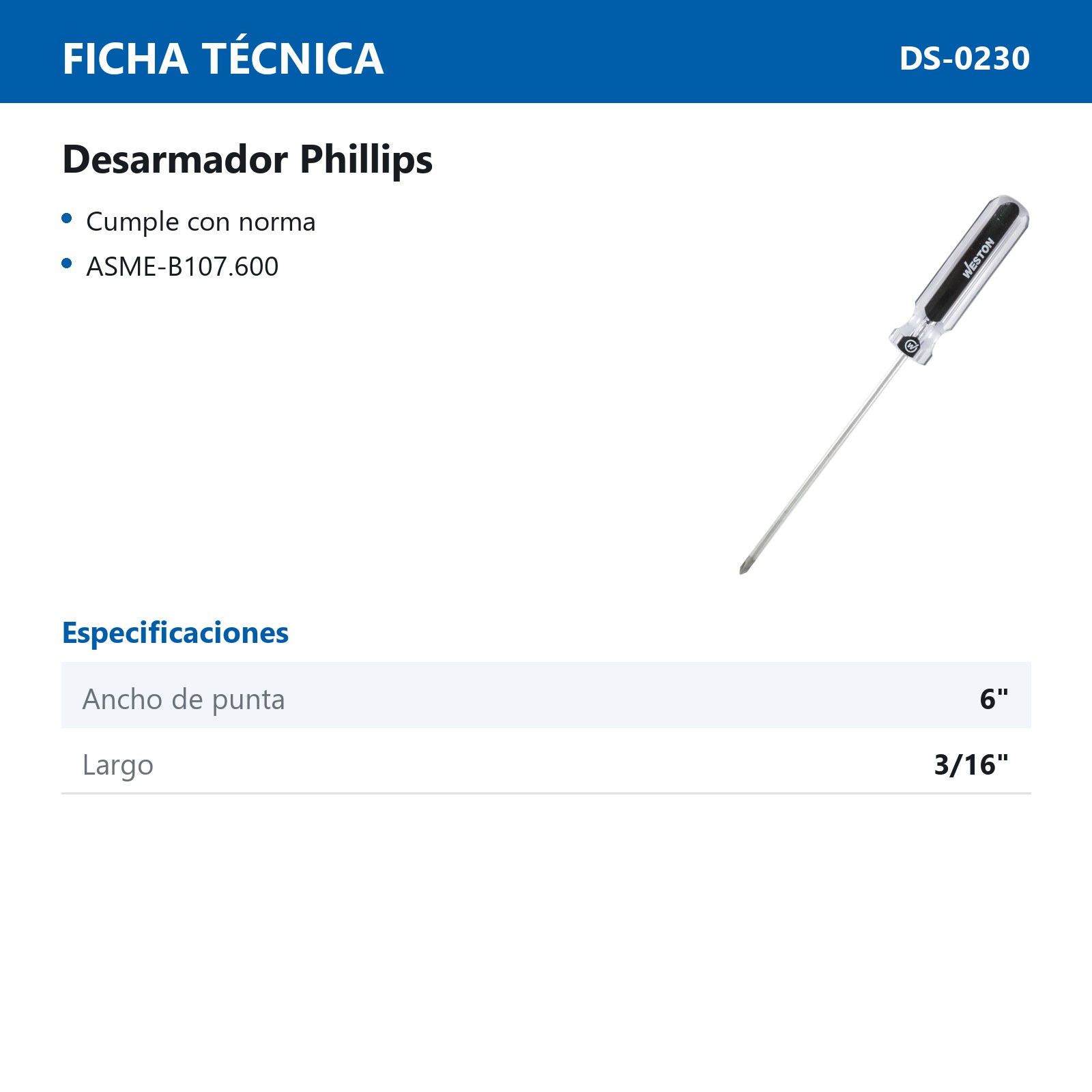 DESARMADOR PHILLIPS 3/16 X 6" MANGO PVC ASME-B107.600 (CAJA C/6 PZAS - PRECIO X PIEZA) - Imagen 3