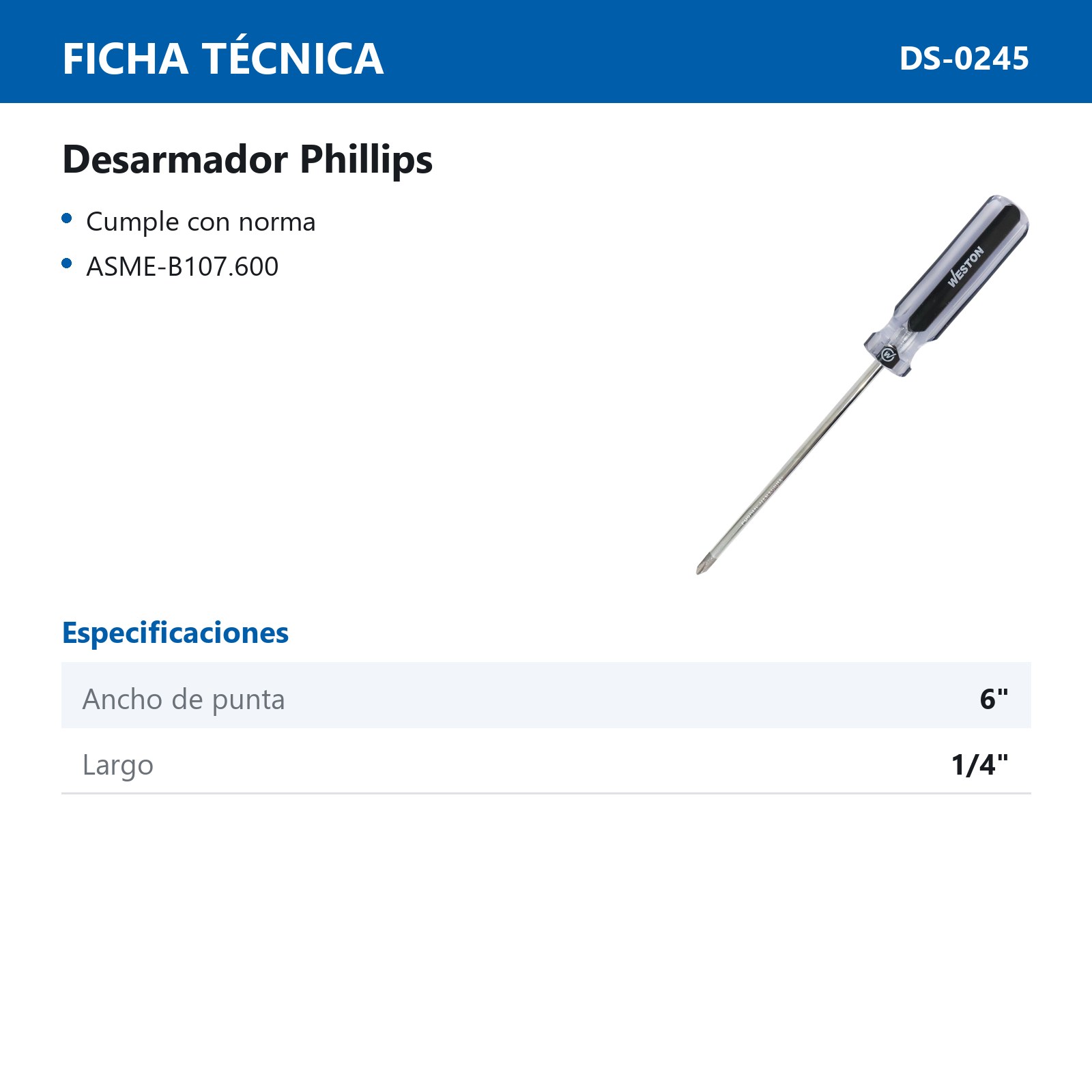 DESARMADOR PHILLIPS 1/4 X 6" MANGO PVC ASME-B107.600 (CAJA C/6 PZAS - PRECIO X PIEZA) - Imagen 3