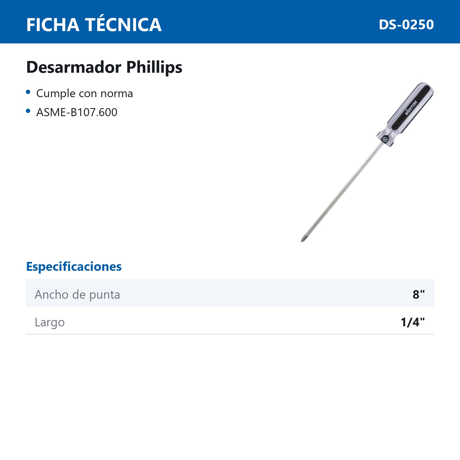 DESARMADOR PHILLIPS 1/4 X 8" MANGO PVC ASME-B107.600 (CAJA C/6 PZAS - PRECIO X PIEZA) - Imagen 3