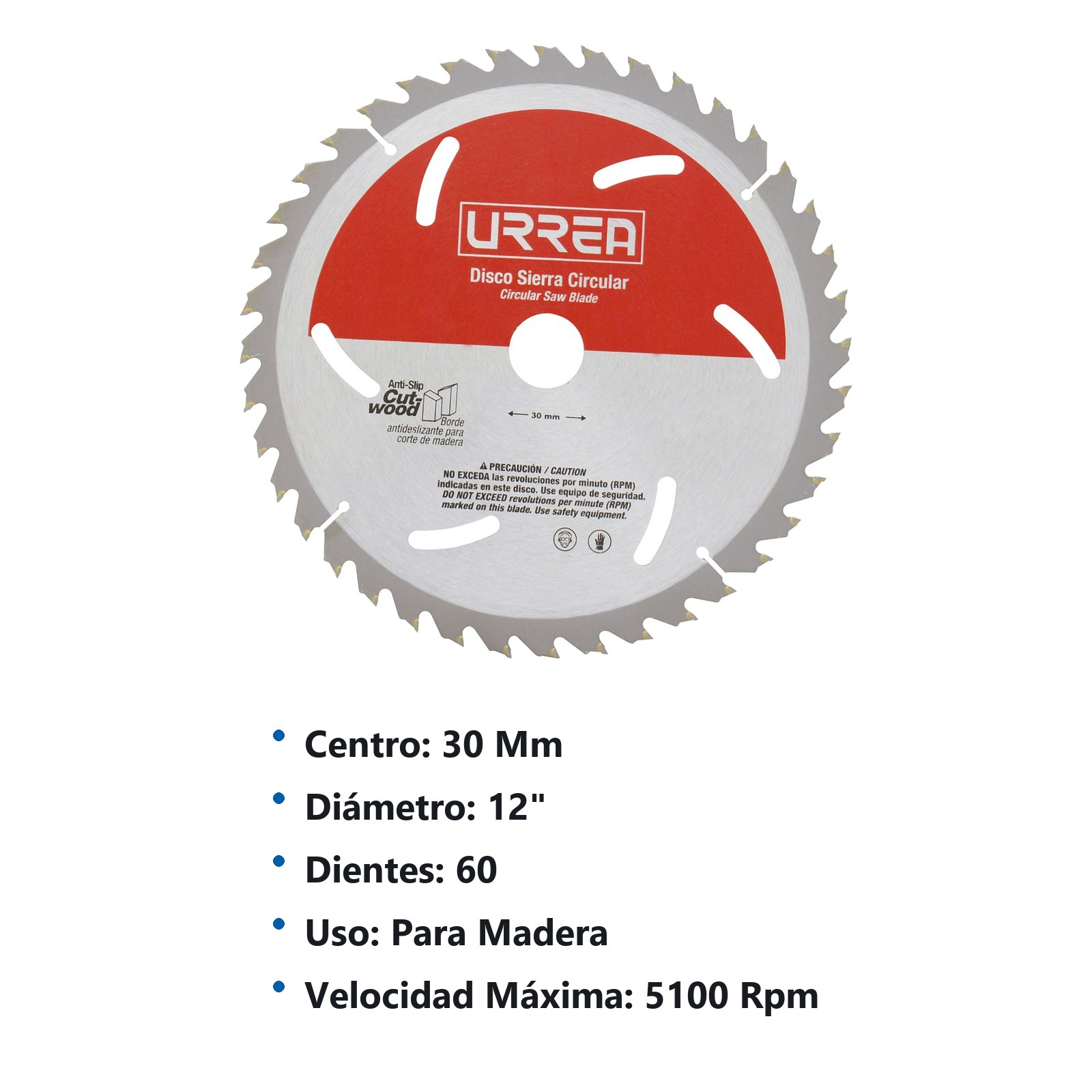 Disco para sierra circular para corte de madera 60 dientes, 12" Urrea - Imagen 2