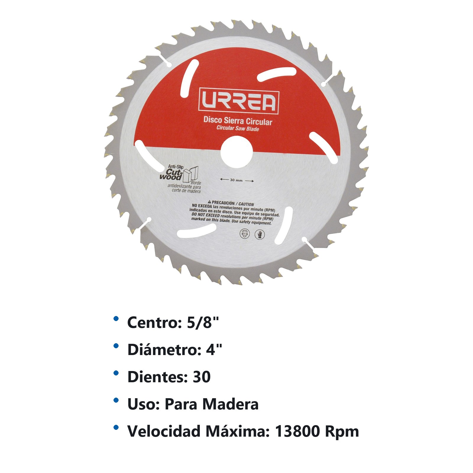 Disco para sierra circular para corte de madera 30 dientes, 4" Urrea - Imagen 2