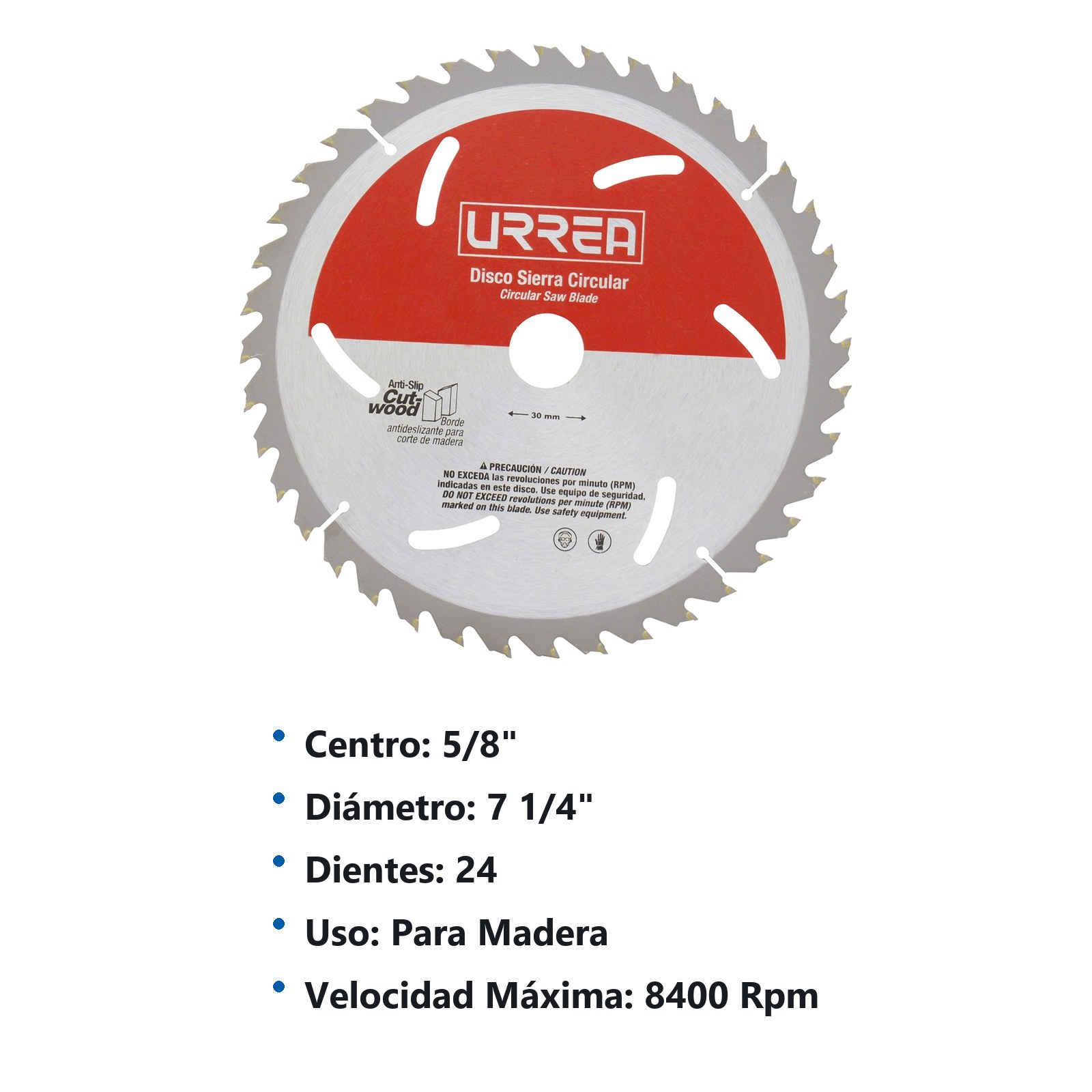 Disco para sierra circular para corte de madera 24 dientes, 7-1/4" Urrea - Imagen 2