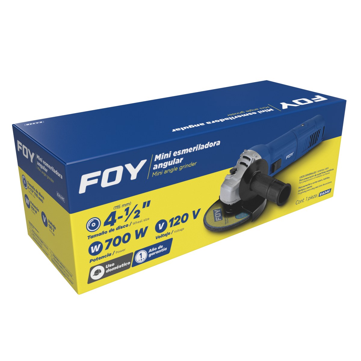 Mini esmeriladora angular 4-1/2" 700 W 120 V, 11000 RPM Foy - Imagen 2