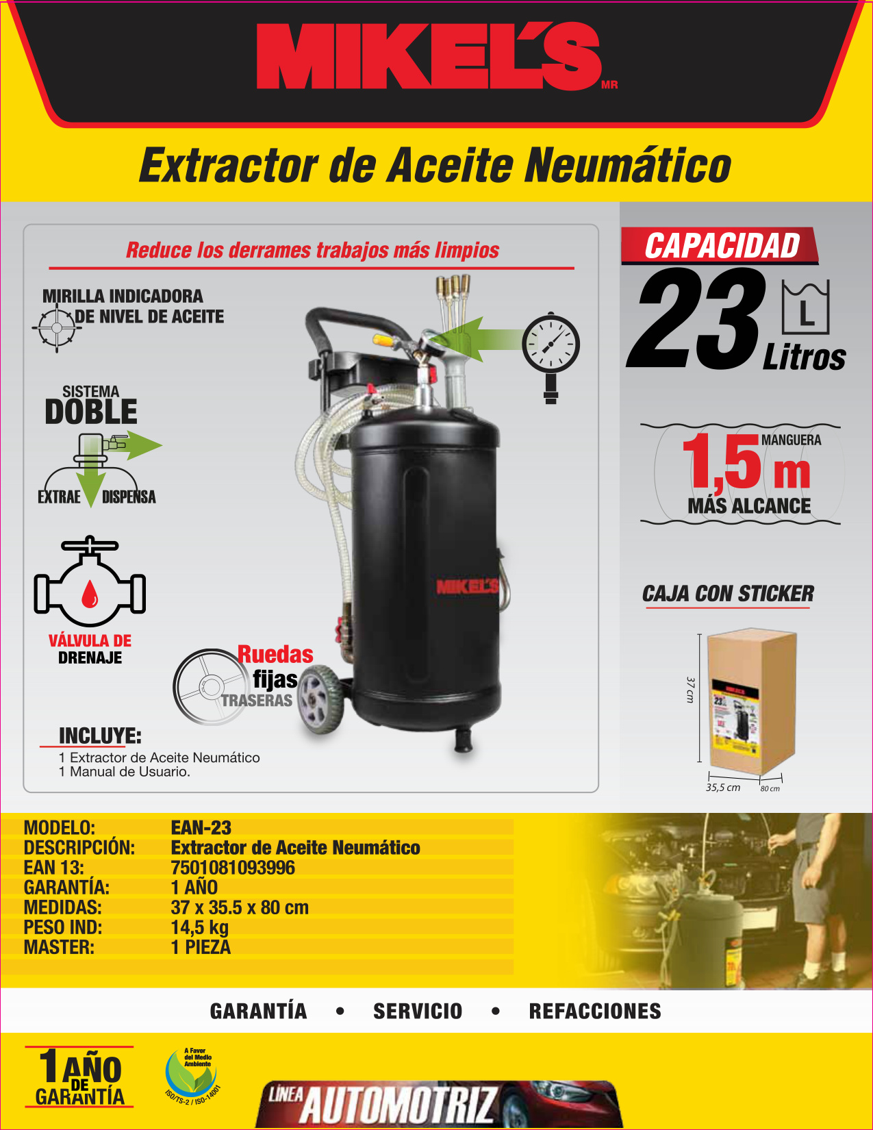 MIKELS EAN-23 Extractor neumático de aceite (23 lts) - Imagen 4