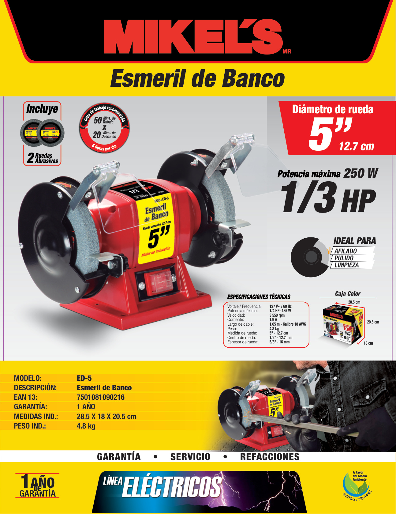 MIKELS ED-5 Esmeril de Banco 5” (1/3 HP, 150 W, 3.450 RPM) - Imagen 4