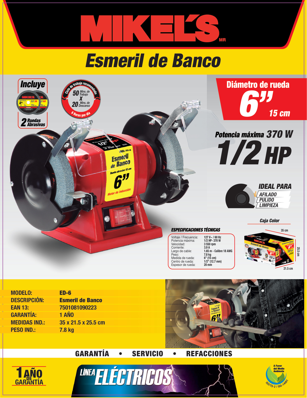 MIKELS ED-6 Esmeril de Banco 6” (1/2 HP, 250 W, 3.450 RPM) - Imagen 4