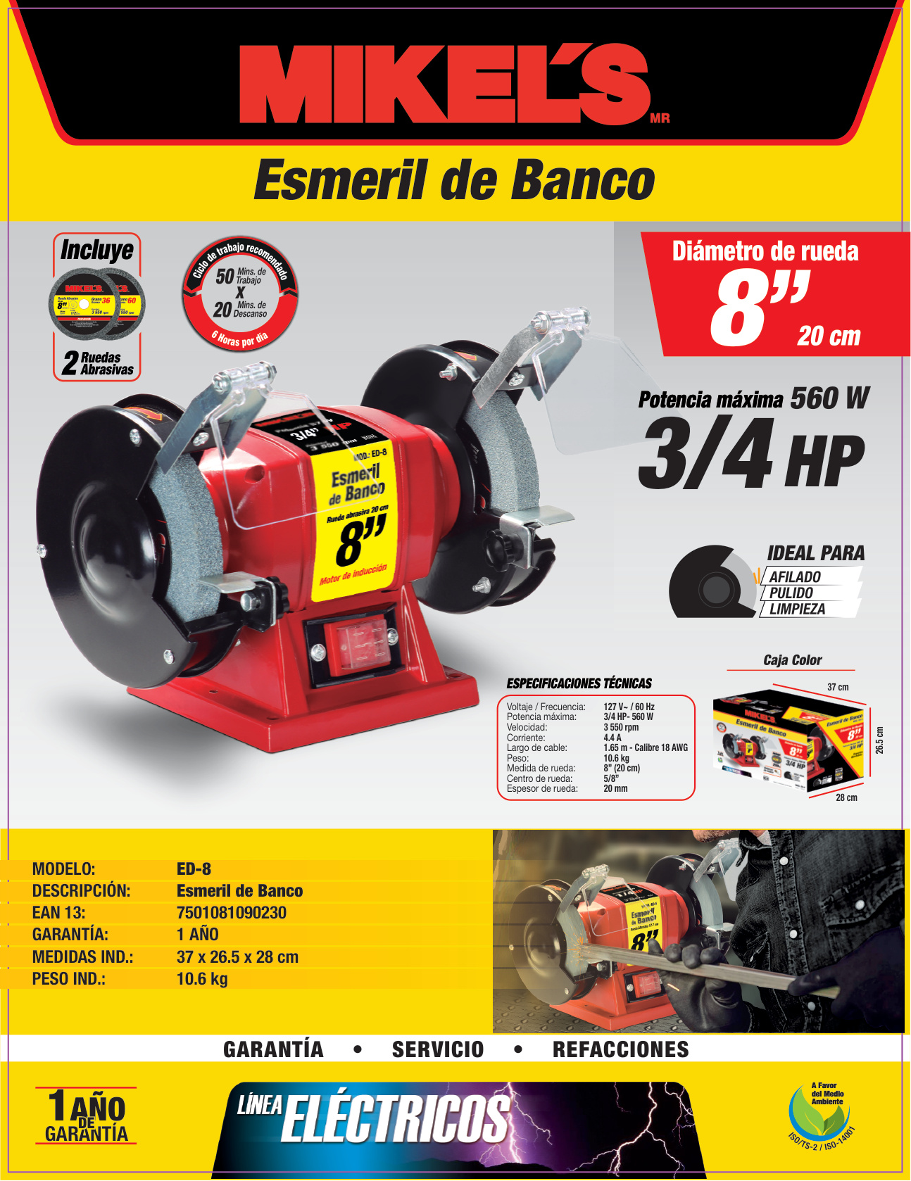 MIKELS ED-8 Esmeril de Banco 8” (3/4 HP, 400 W, 3.450 RPM) - Imagen 4