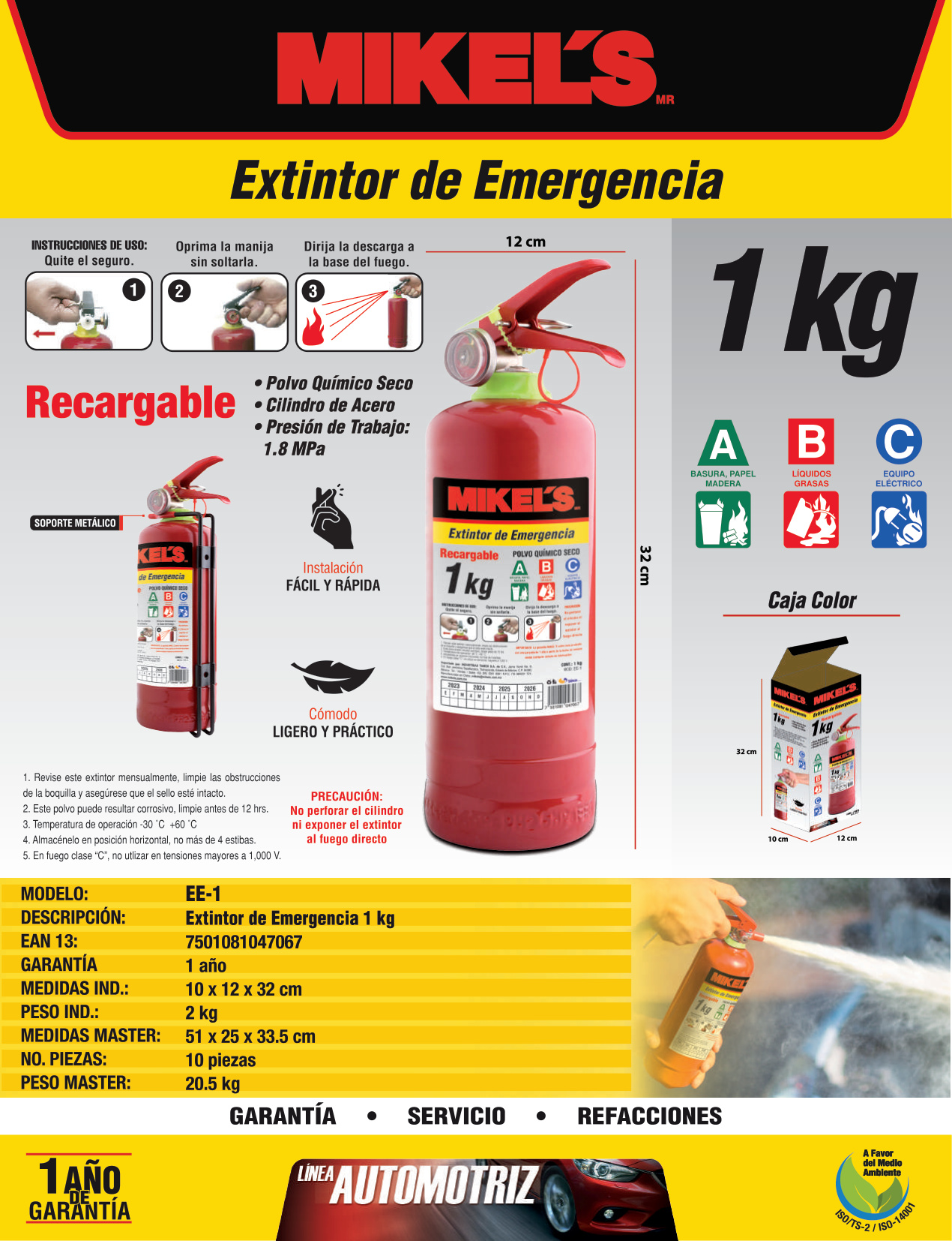 MIKELS EE-1 Extintor de emergencia recargable (1 kg) - Imagen 3