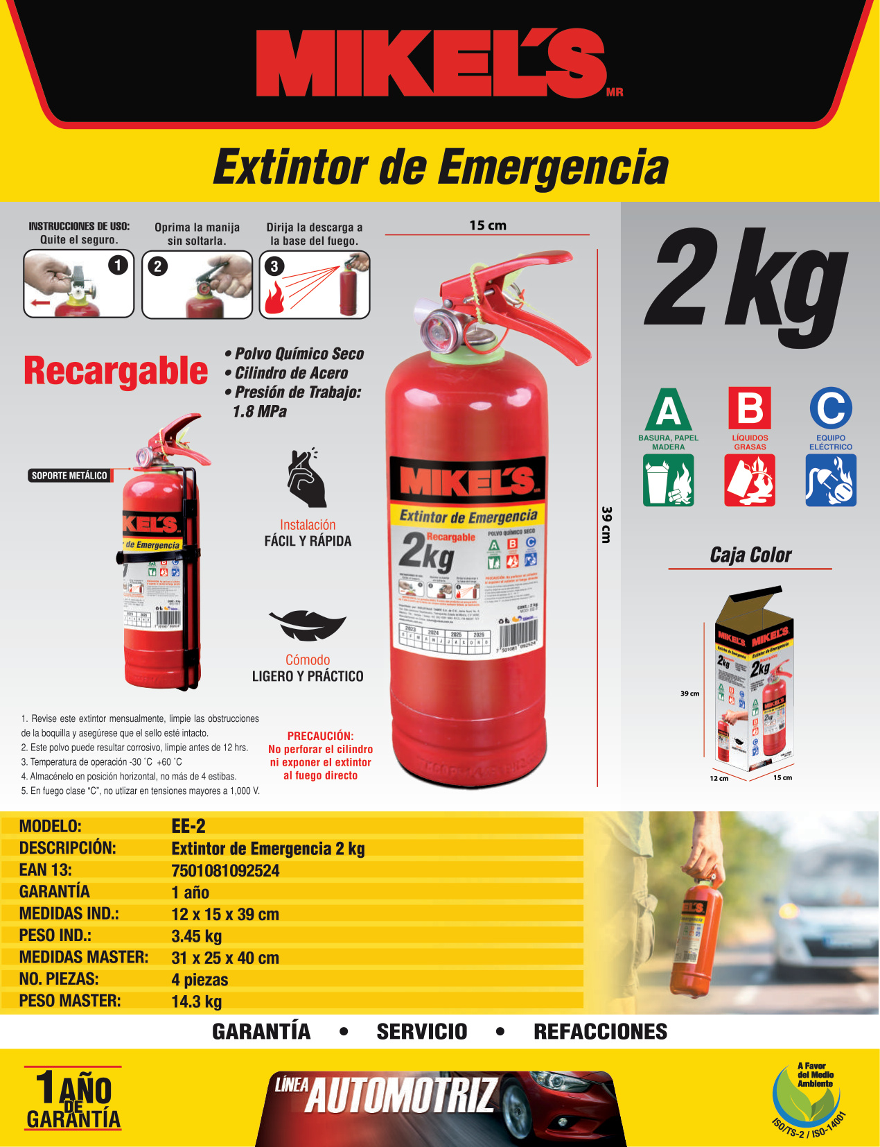 MIKELS EE-2 Extintor de emergencia recargable (2 kgs) - Imagen 2