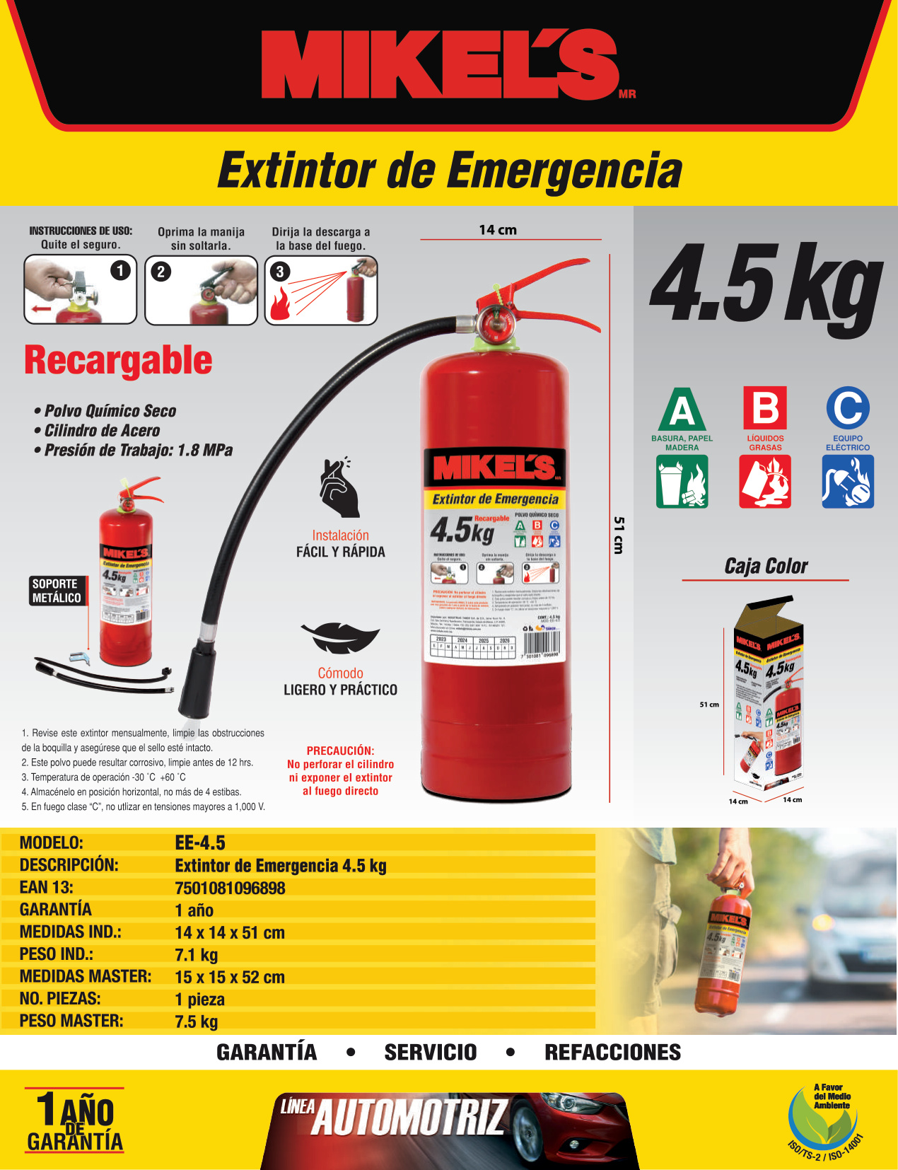 MIKELS EE-4.5 Extintor de emergencia recargable (4.5 kgs) - Imagen 4