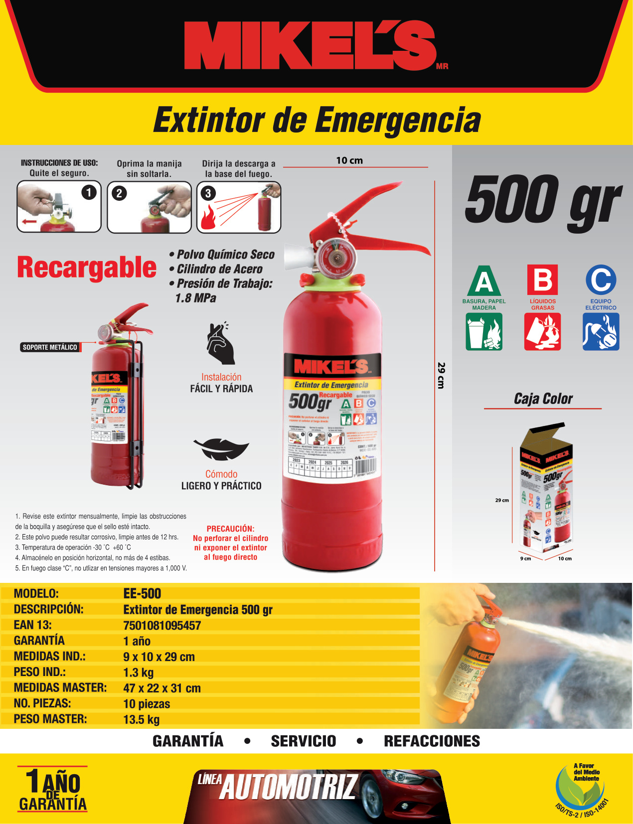 MIKELS EE-500 Extintor de emergencia recargable (500 grs) - Imagen 2