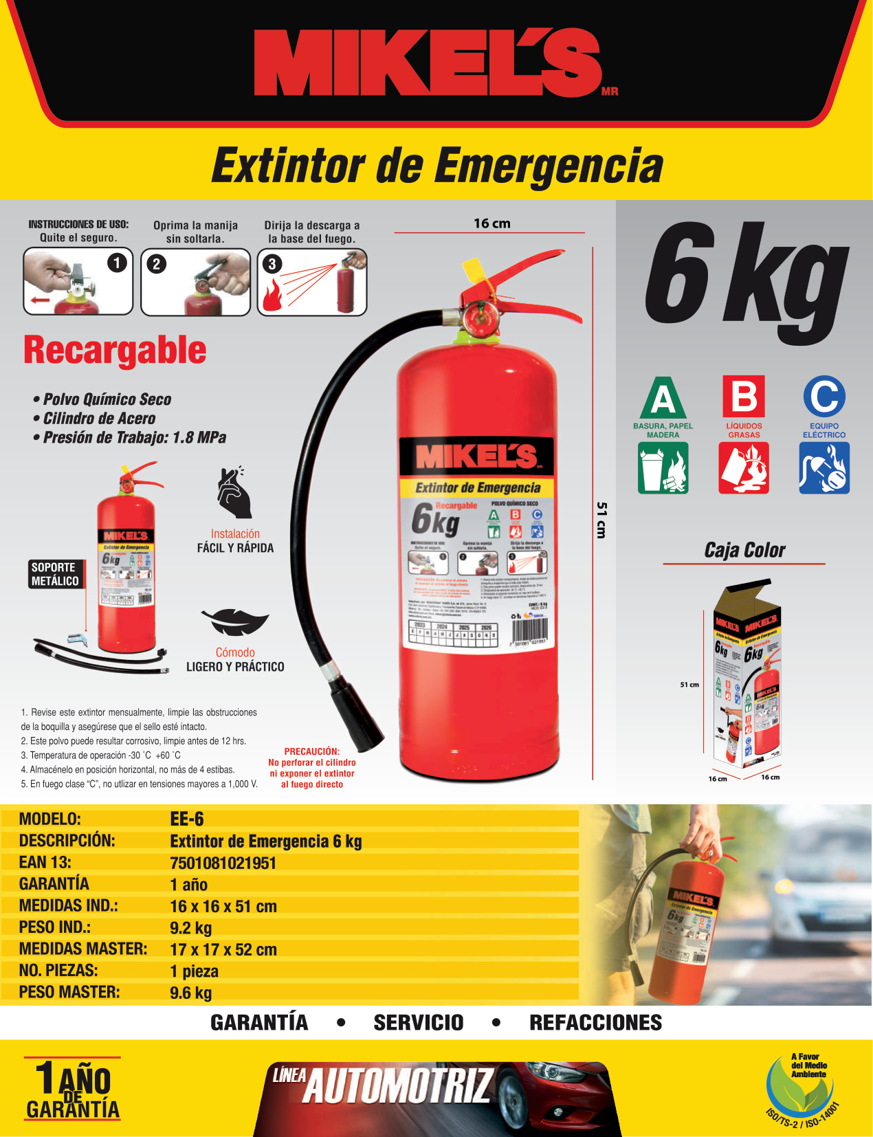 MIKELS EE-6 Extintor de emergencia recargable  (6 kgs) - Imagen 4