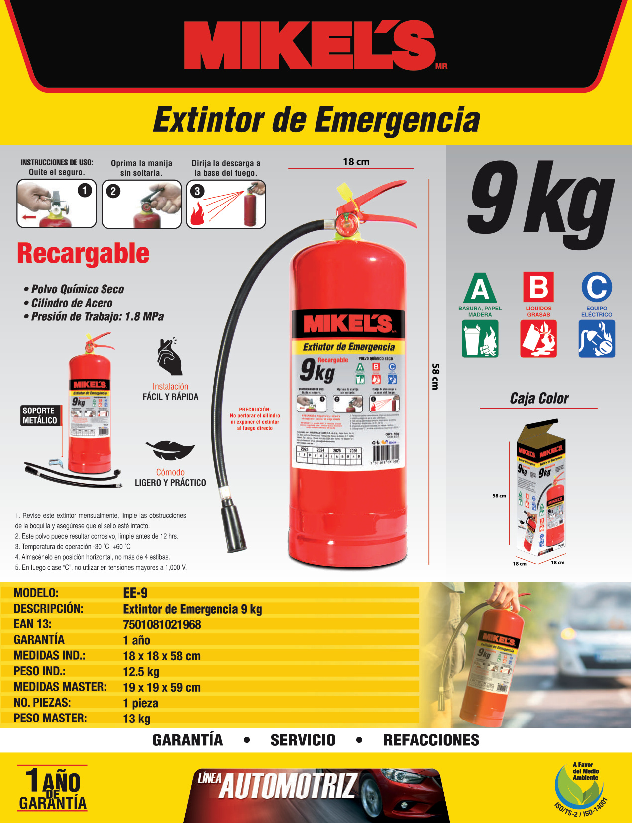 MIKELS EE-9 Extintor de emergencia recargable  (9 kgs) - Imagen 4