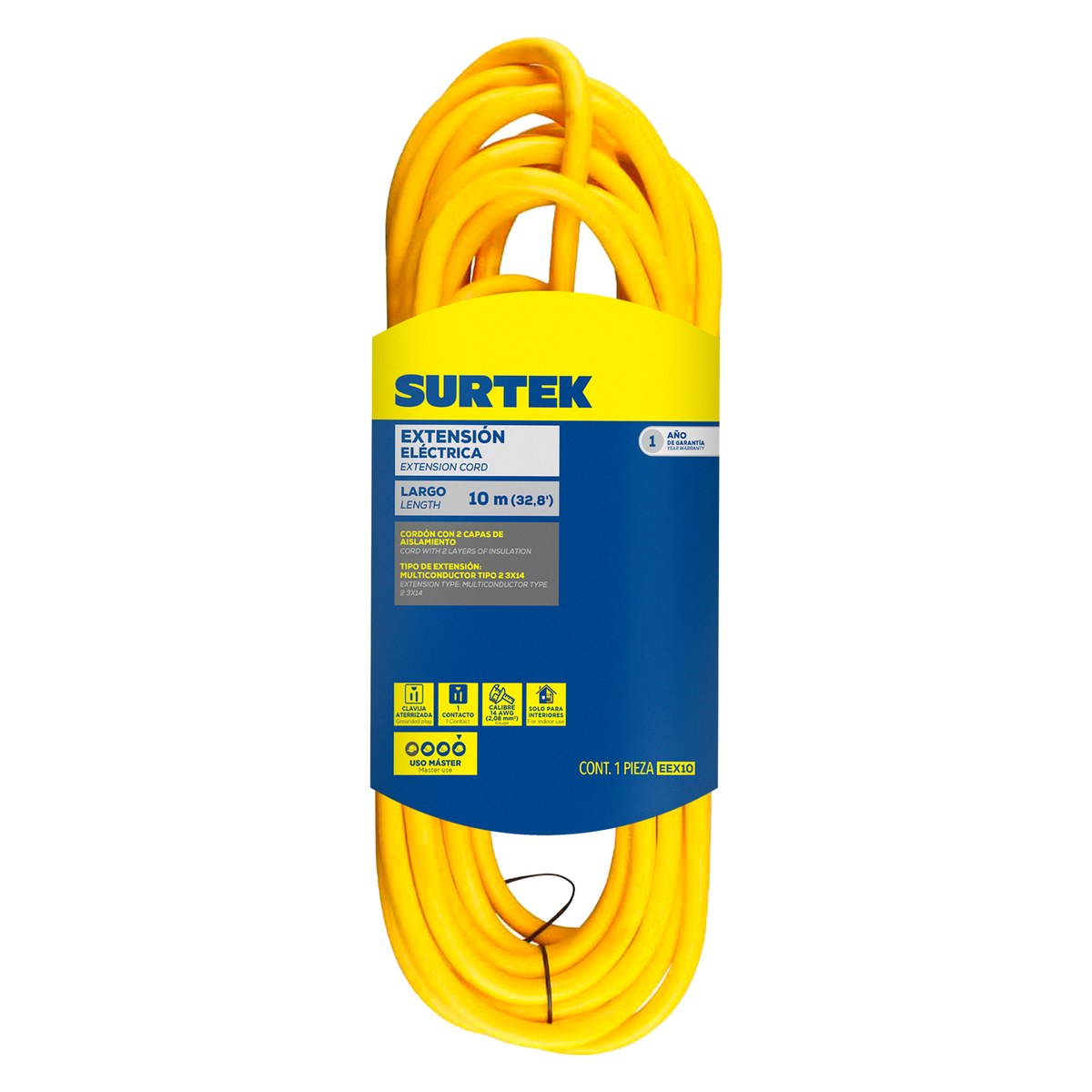 Extensión eléctrica uso extra rudo aterrizada color amarillo, 10 m Surtek - Imagen 2