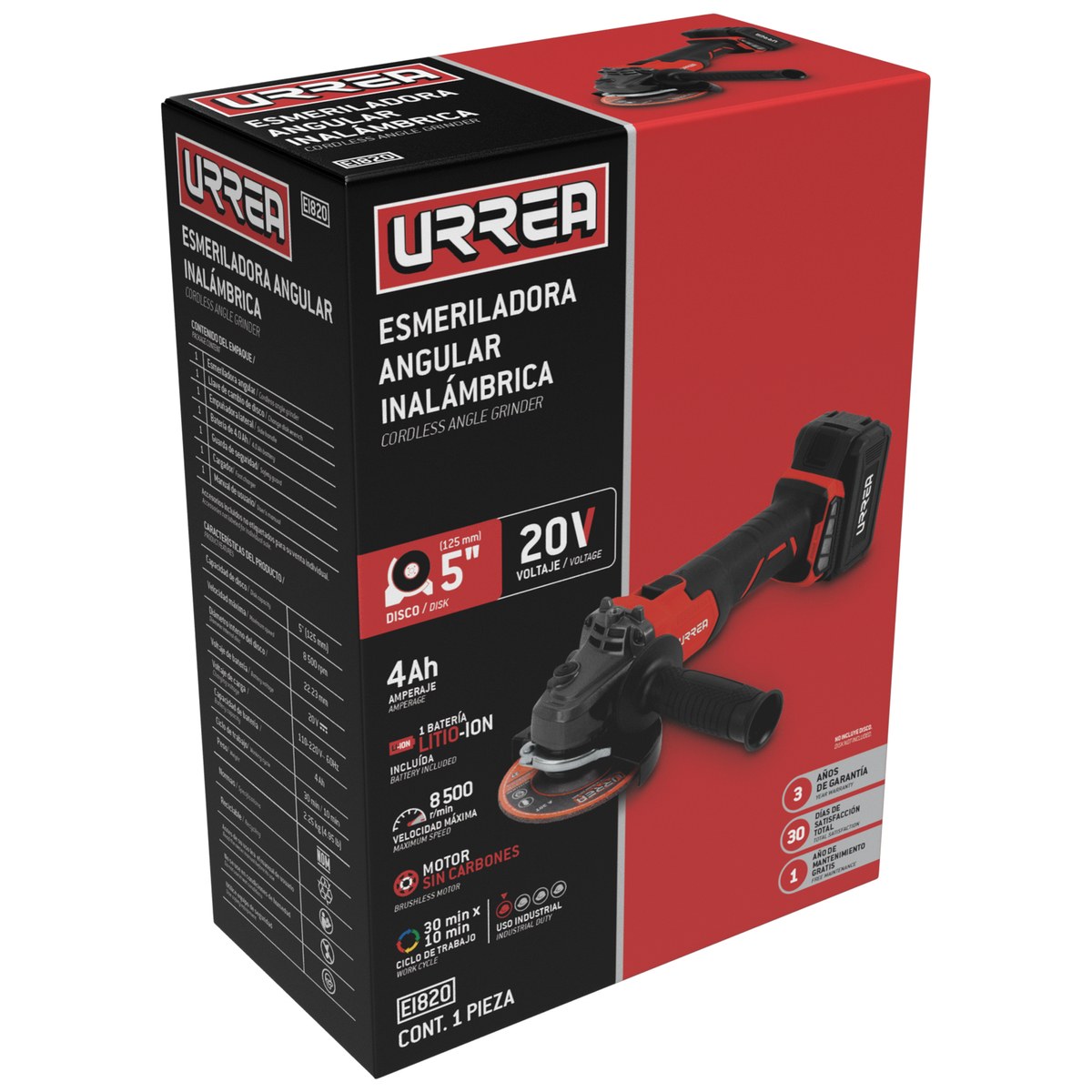 Esmeriladora angular a batería Litio-ion 5" 20 V 8500 RPM Urrea - Imagen 2