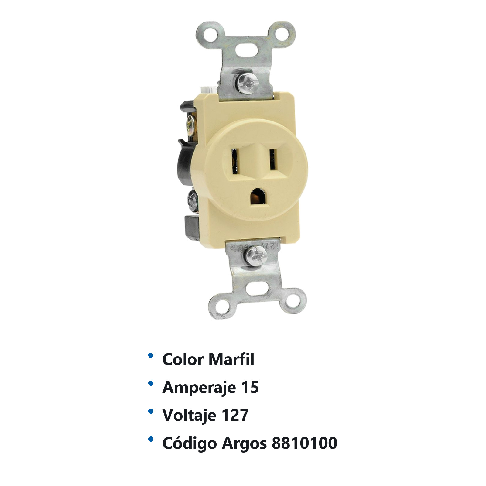 CONTACTO CARA DE CHINO SENCILLO ATERRIZADO MARFIL 15A 127V 8810100 - Imagen 2