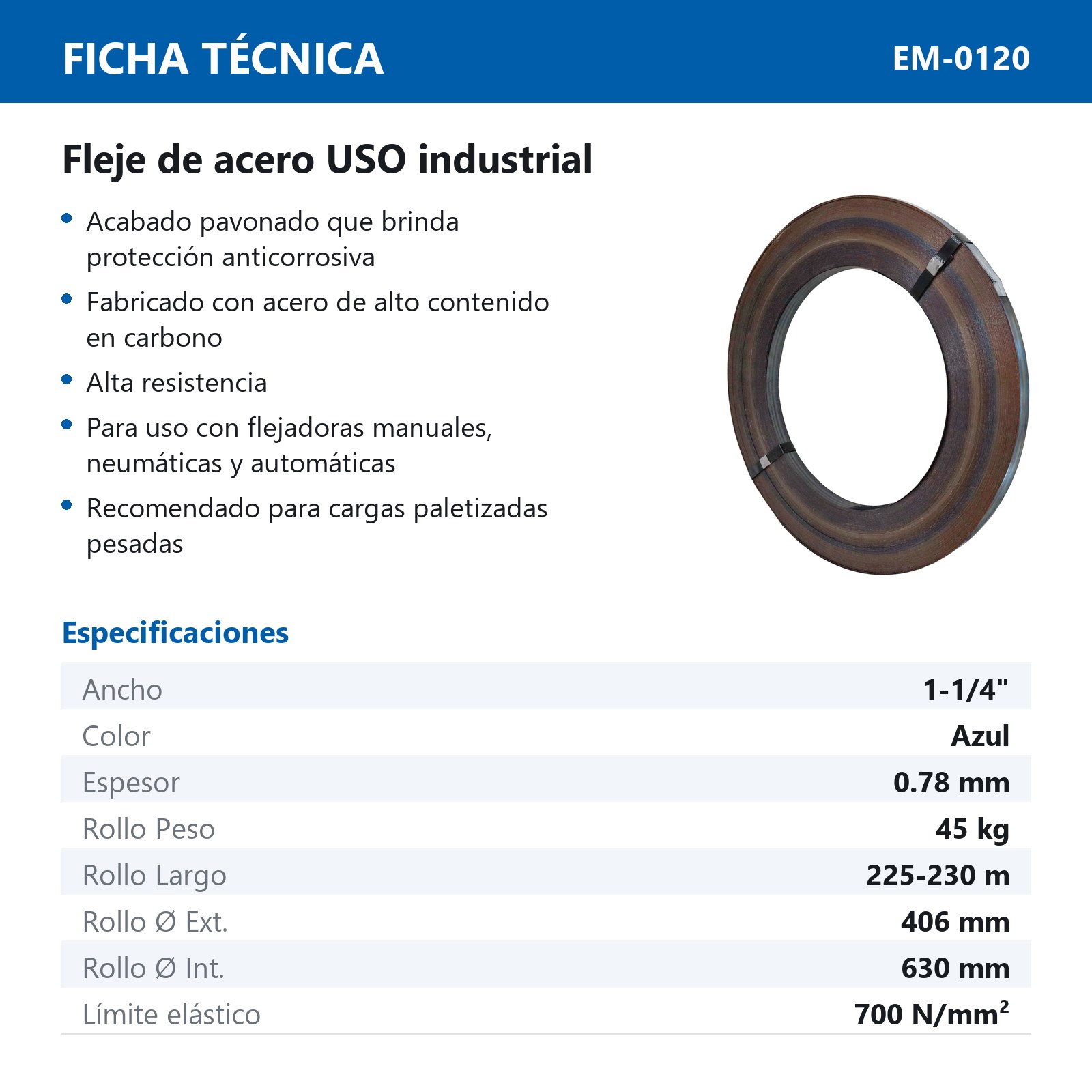 FLEJE DE ACERO ENCERADO AZUL INDUSTRIAL 1-1/4" X 0.031" X 225 m APROX. ROLLO DE 45KG - Imagen 4