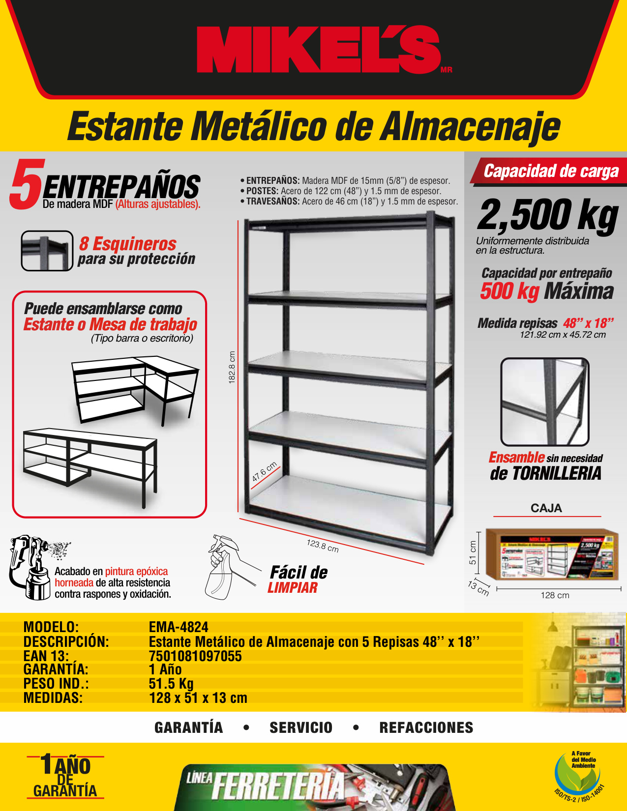 MIKELS EMA-4824 Estante para almacenaje metálico (48” x 18”) 5 repisas (2,500 kgs) - Imagen 4