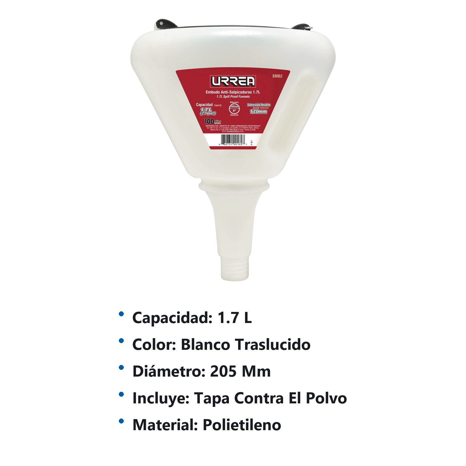 Embudo anti-salpicaduras de polipropileno 1.7 Lt Urrea - Imagen 2