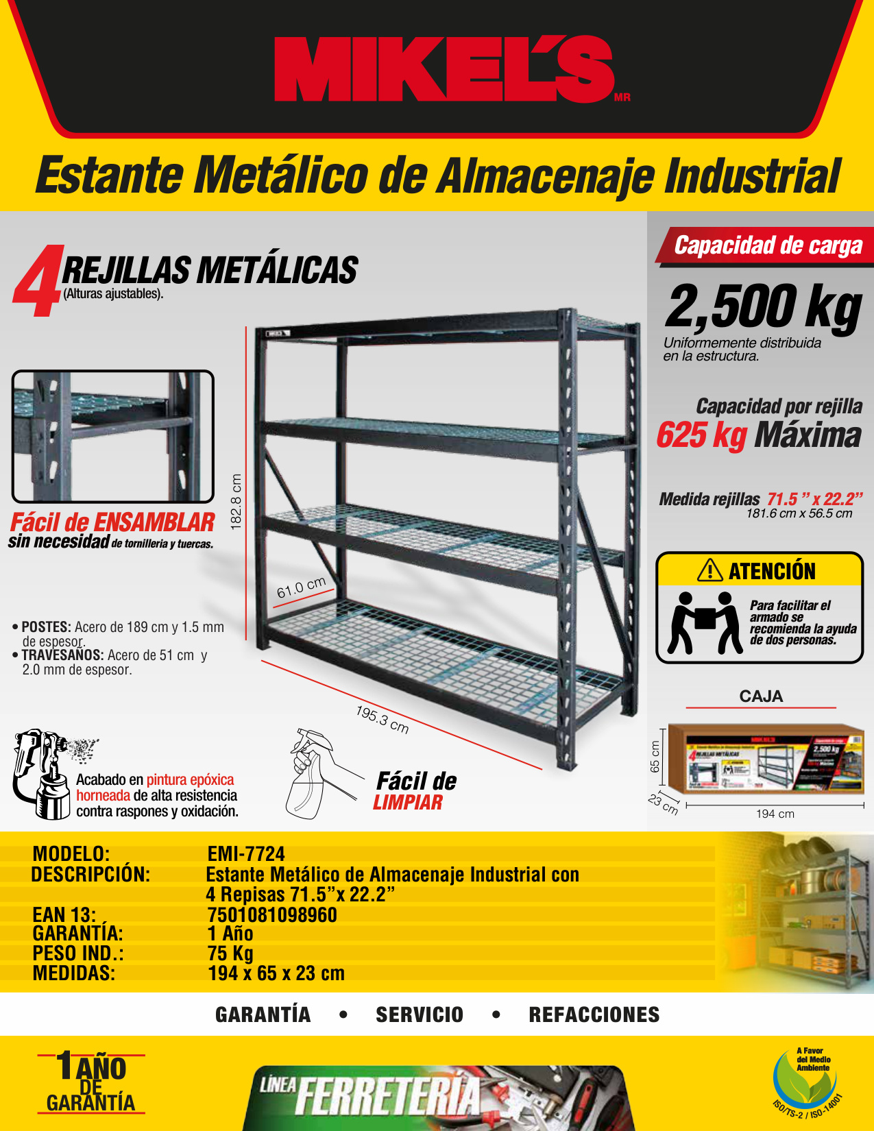MIKELS EMI-7724 Estante para almacenaje metálico  industrial (77”x24”) 4 repisas (2,500 kgs) - Imagen 4