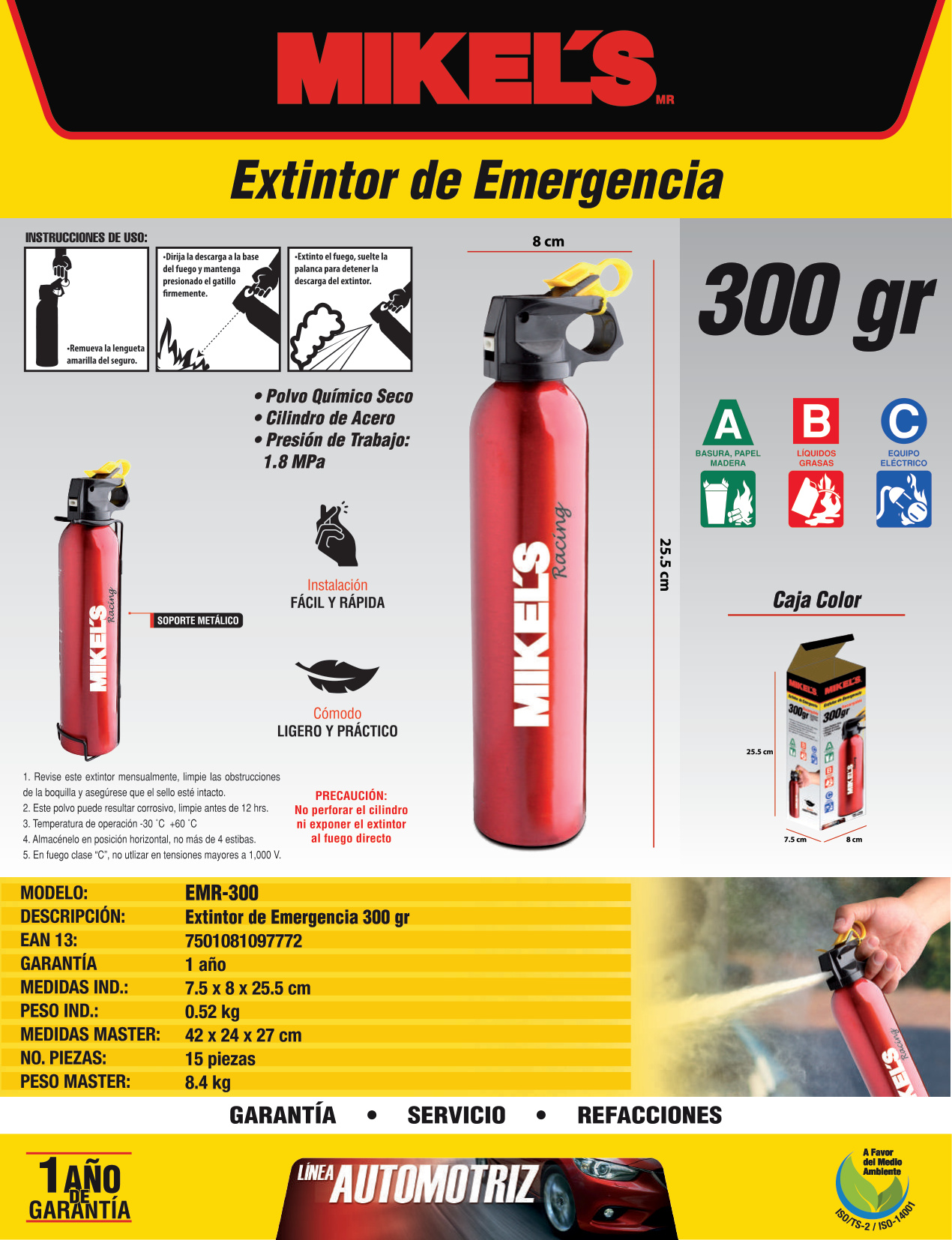 MIKELS EMR-300 Extintor de emergencia de aluminio No Recargable (300 grs) - Imagen 4