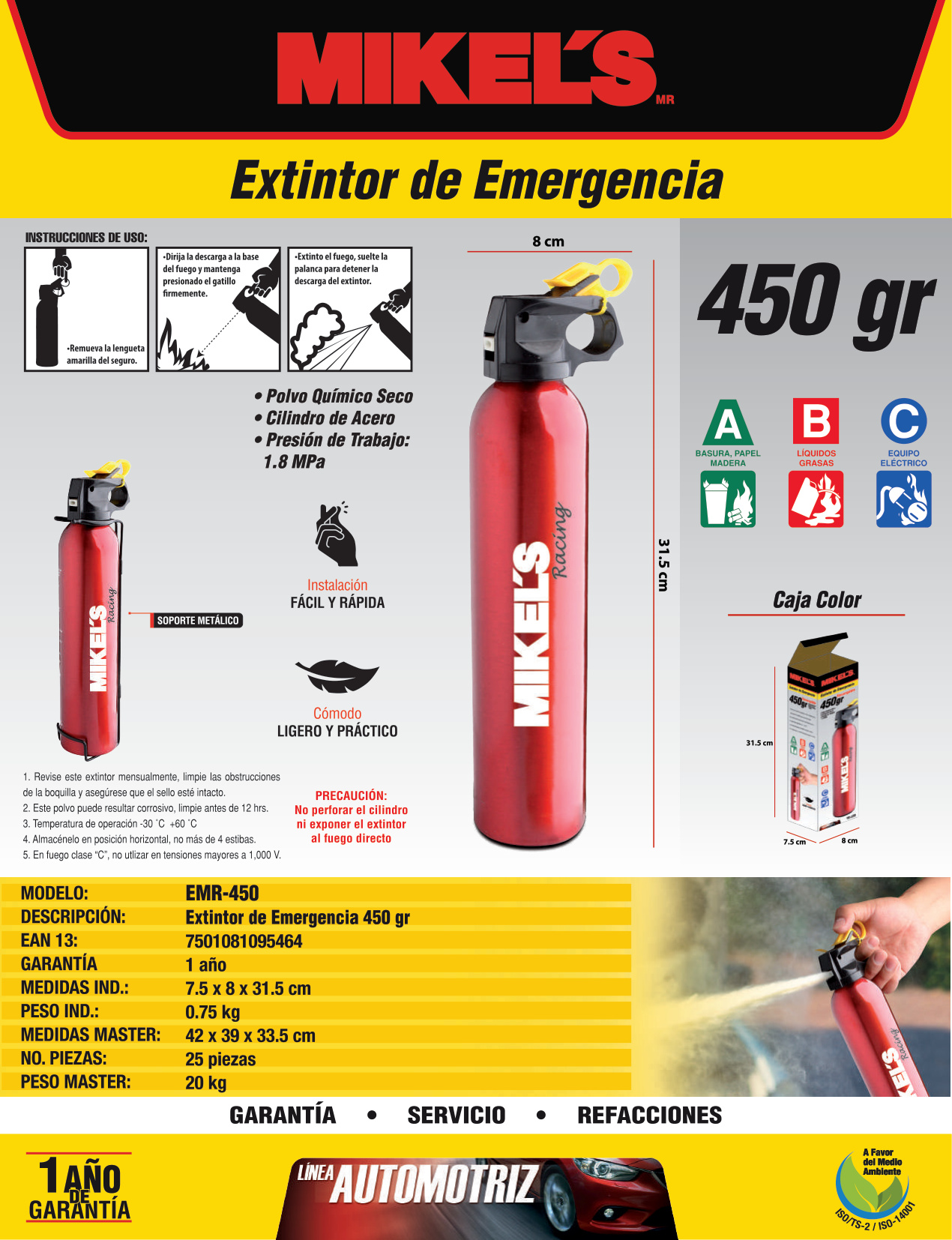 MIKELS EMR-450 Extintor de emergencia de aluminio No Recargable (450 grs) - Imagen 4