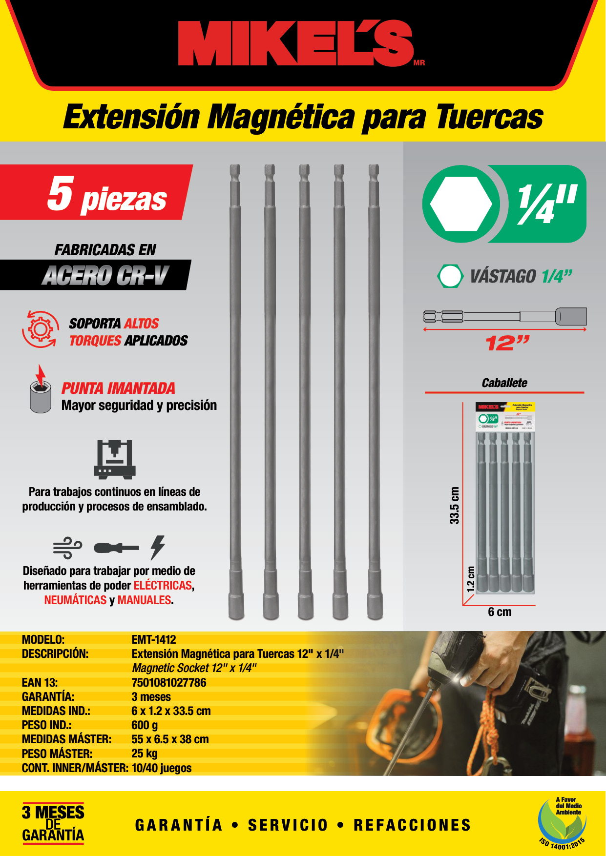 MIKELS EMT-1412 Extension Magnetica De 12" Para Tuercas 1/4" 5 Piezas - Imagen 2