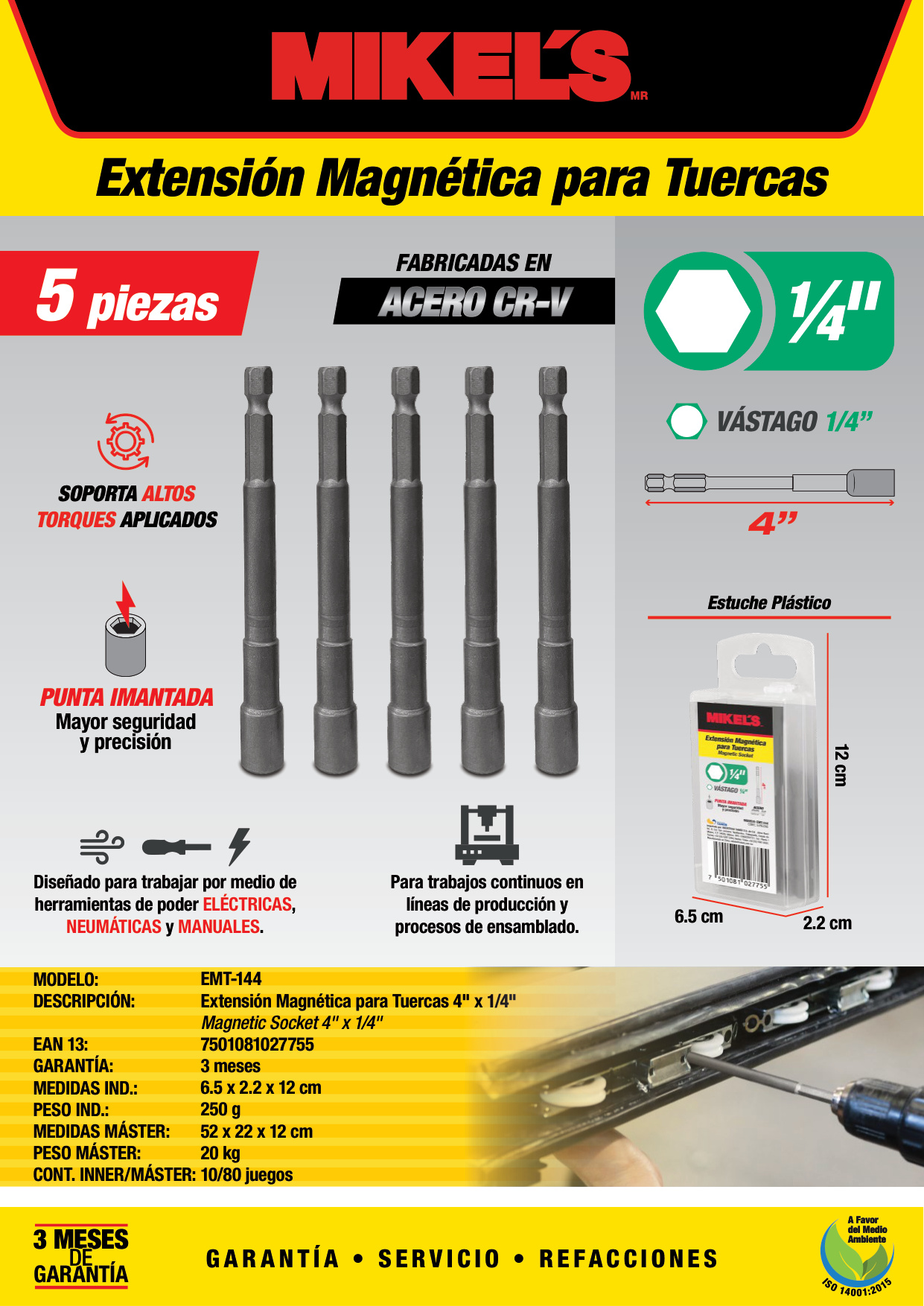MIKELS EMT-144 Extension Magnetica De 4" Para Tuercas 1/4" 5 Piezas - Imagen 2