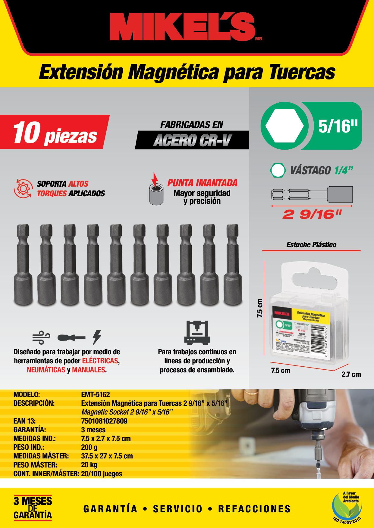 MIKELS EMT-5162 Extension Magnetica De 2-9/16" Para Tuercas 5/16" 10 Piezas - Imagen 2