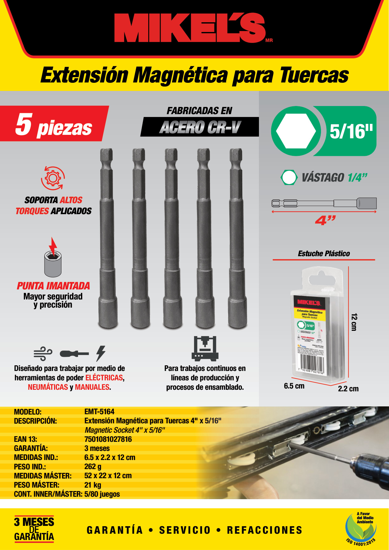 MIKELS EMT-5164 Extension Magnetica De 4" Para Tuercas 5/16" 5 Piezas - Imagen 2
