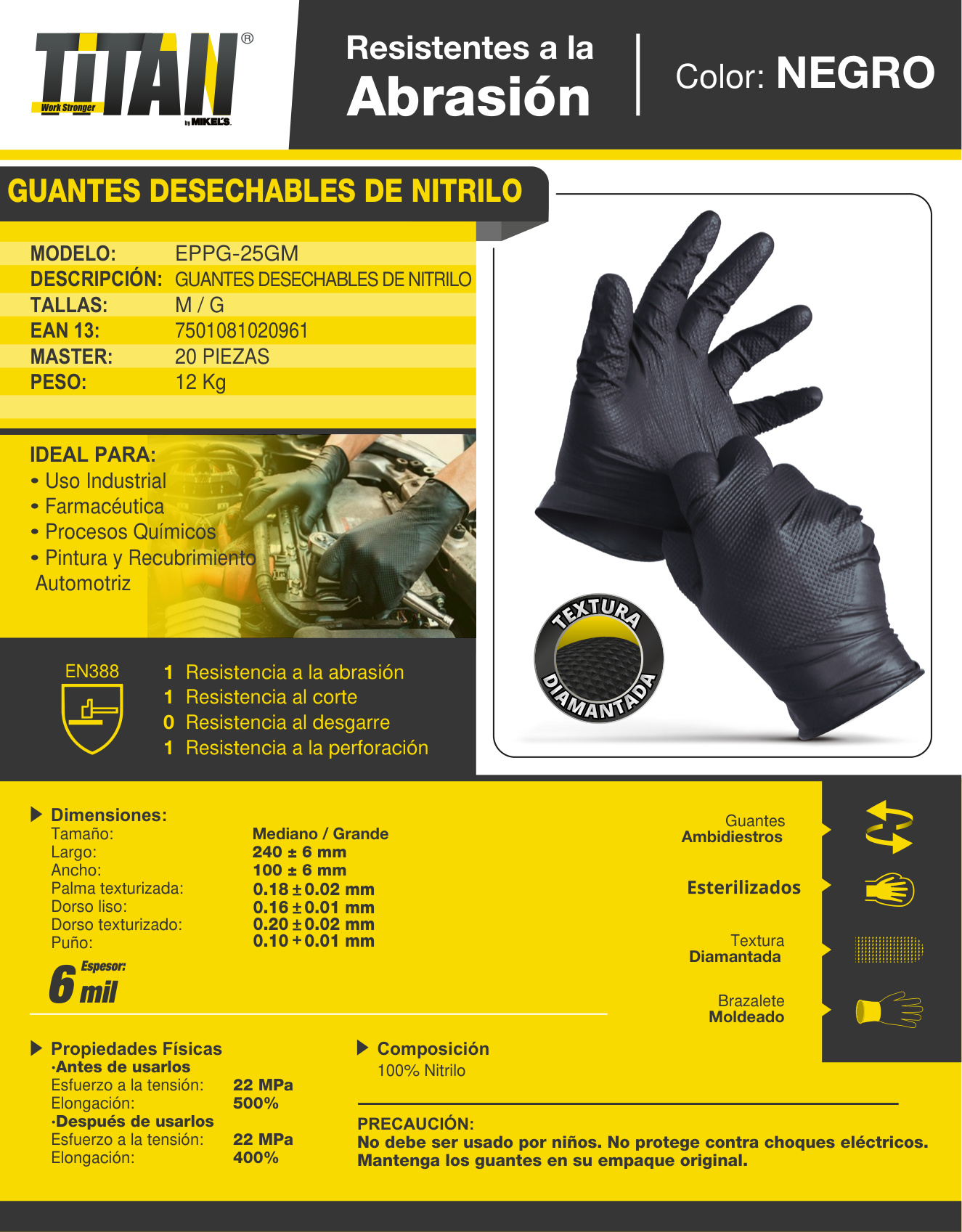 TITAN EPPG-25GM Guantes de nitrilo desechables, caja con 100 pzas (M/G) - Imagen 2