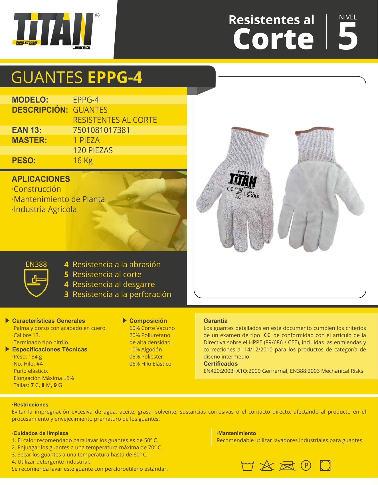 TITAN EPPG-4GC Guante resistente al corte con palma recubierta de carnaza - Imagen 4