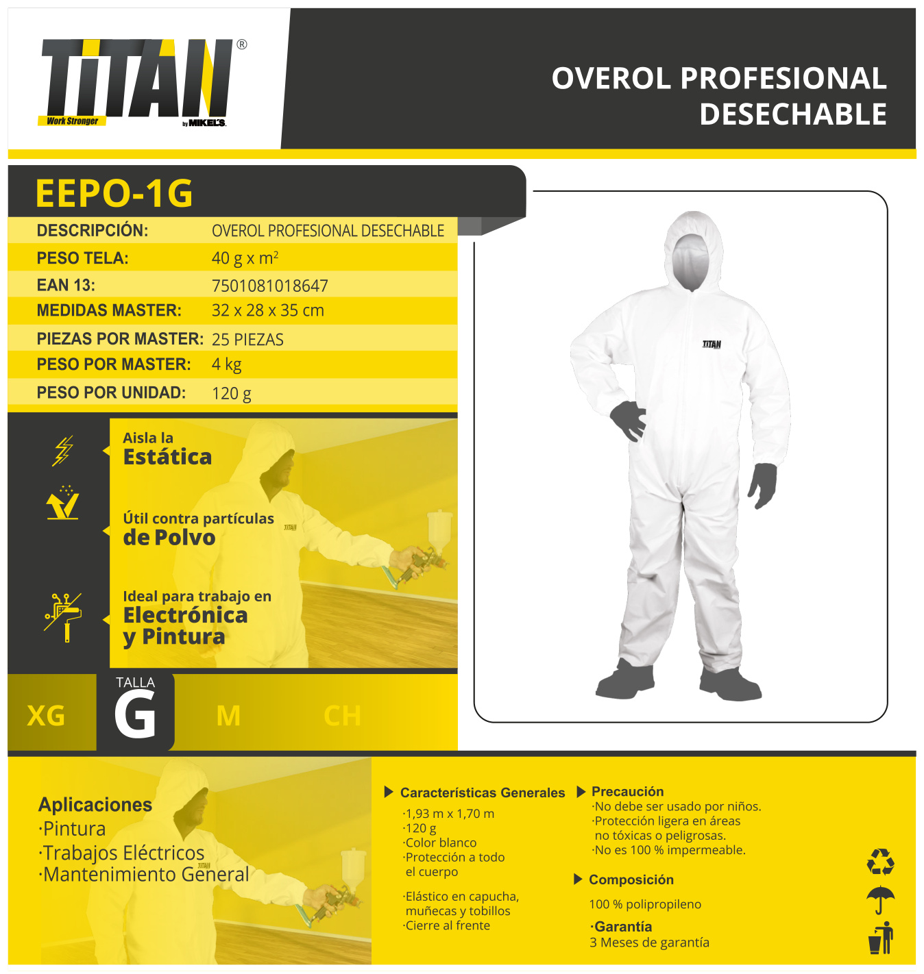 TITAN EPPO-1G Overol desechable de polipropileno (25 grs) - Imagen 2