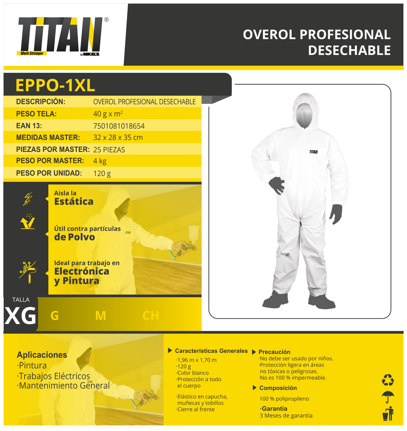 TITAN EPPO-1XL Overol desechable de polipropileno (25 grs) - Imagen 2