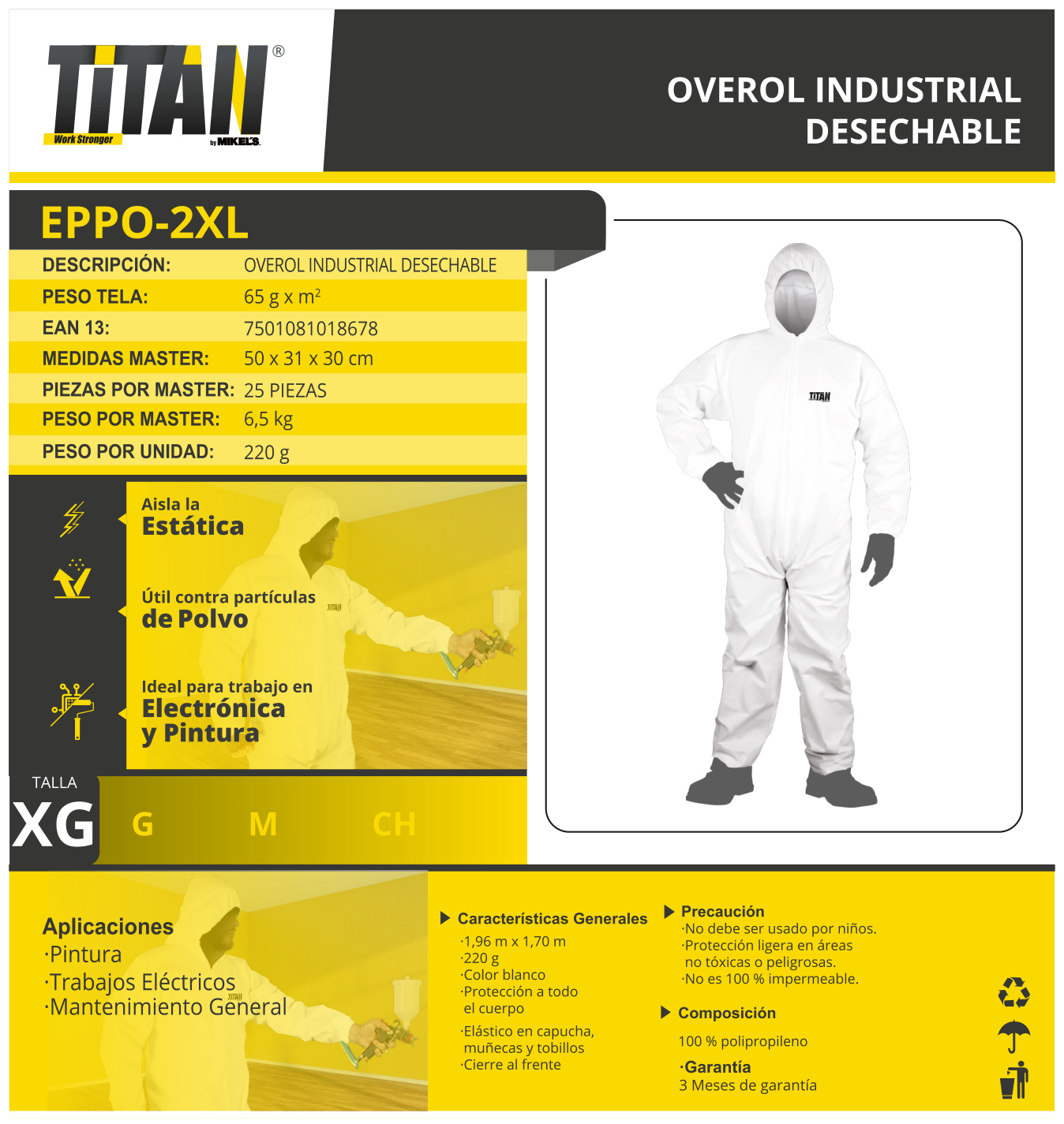 TITAN EPPO-2XL Overol desechable de polipropileno (60 grs) - Imagen 2