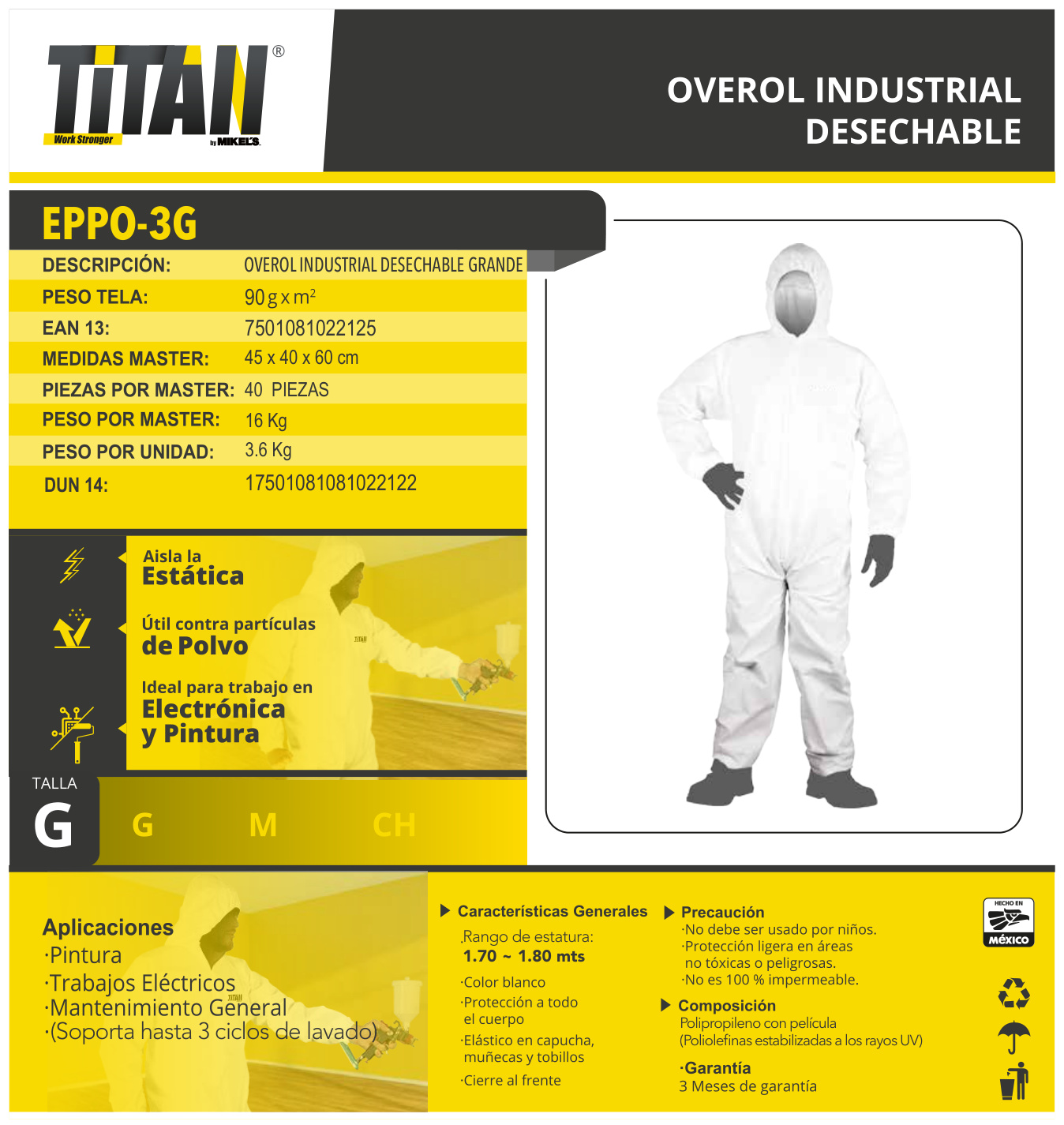 TITAN EPPO-3G Overol desechable de polipropileno Industrial (90 grs)  (G) - Imagen 4