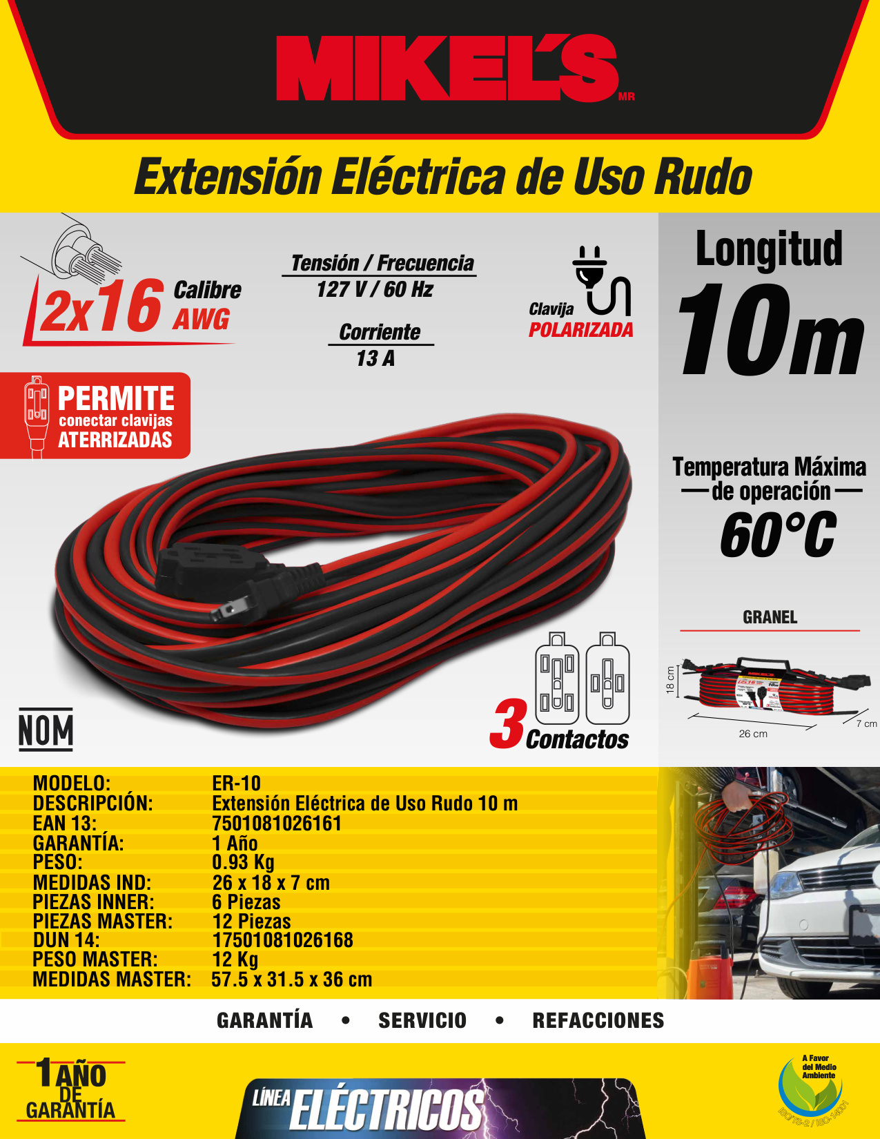 MIKELS ER-10 Extensión eléctrica uso rudo (10 mts) - Imagen 4
