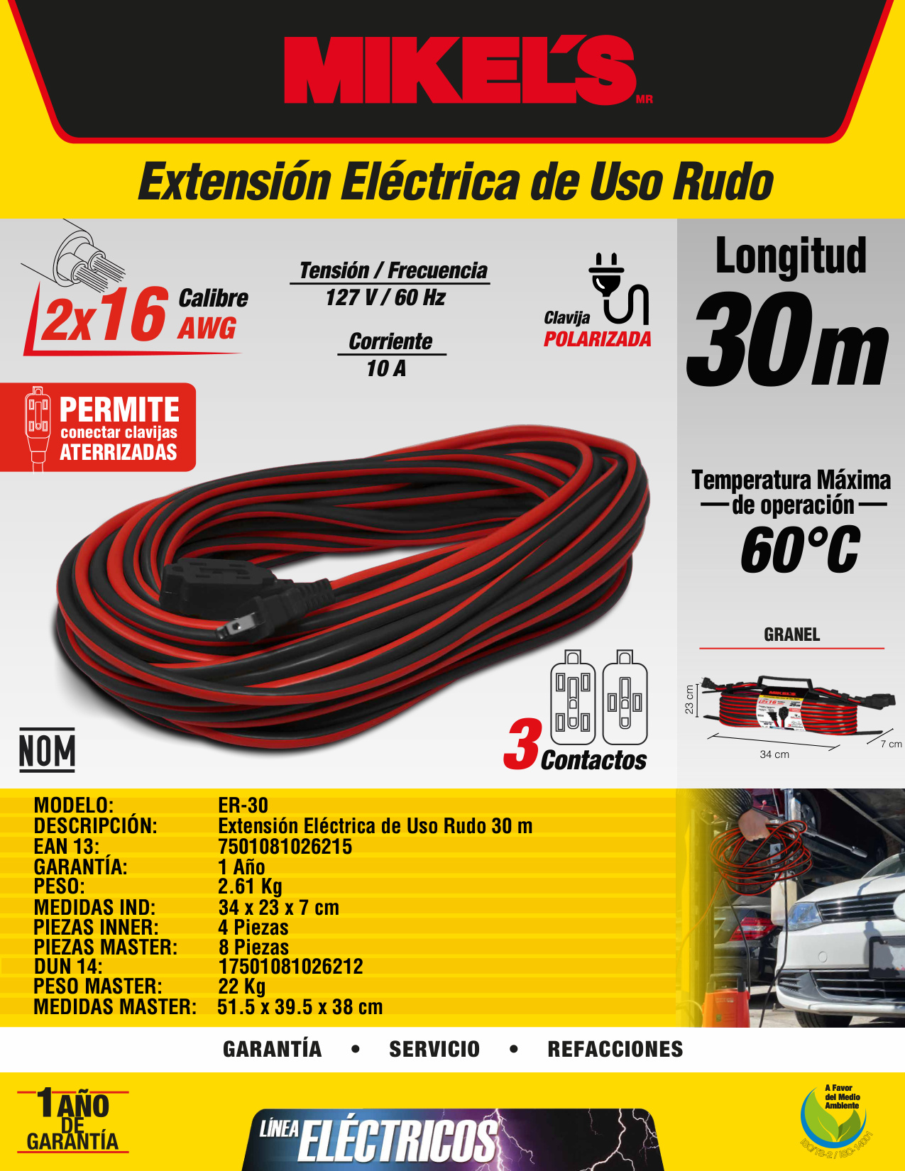 MIKELS ER-30 Extensión eléctrica uso rudo (30 mts) - Imagen 4