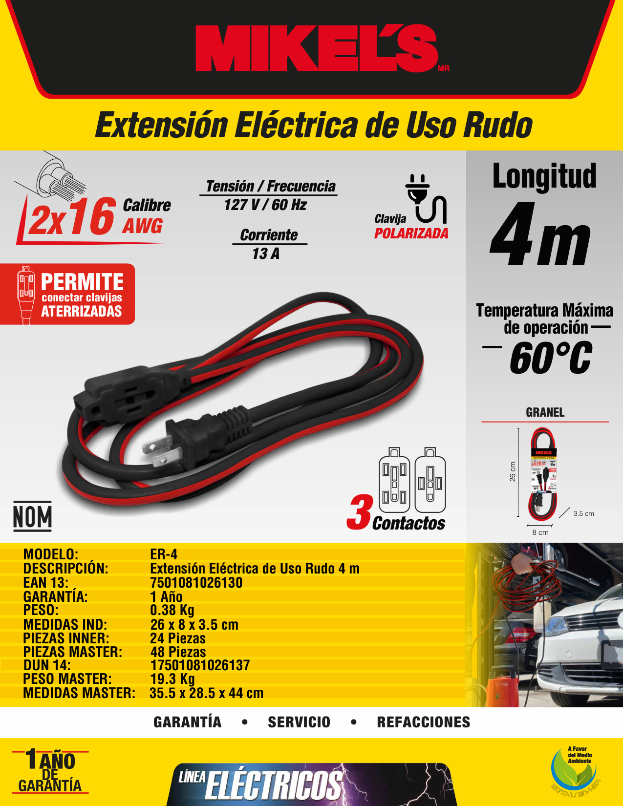 MIKELS ER-4 Extensión eléctrica uso rudo (4 mts) - Imagen 4