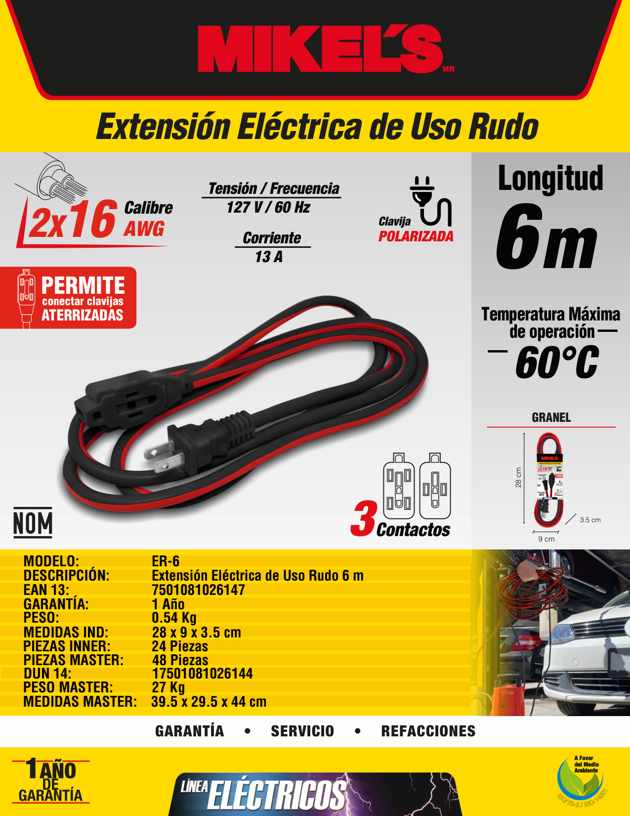 MIKELS ER-6 Extensión eléctrica uso rudo (6 mts) - Imagen 4