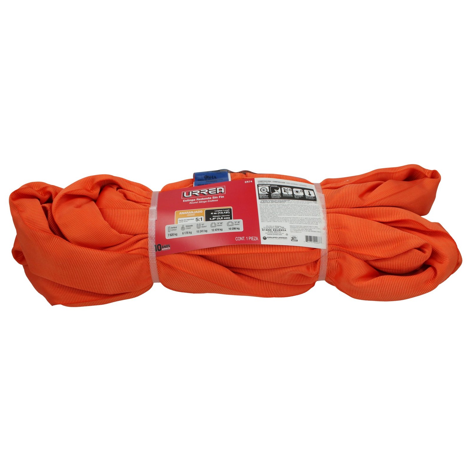 Eslinga de poliéster redonda sin fin naranja 4 m, 7 ton Urrea - Imagen 3