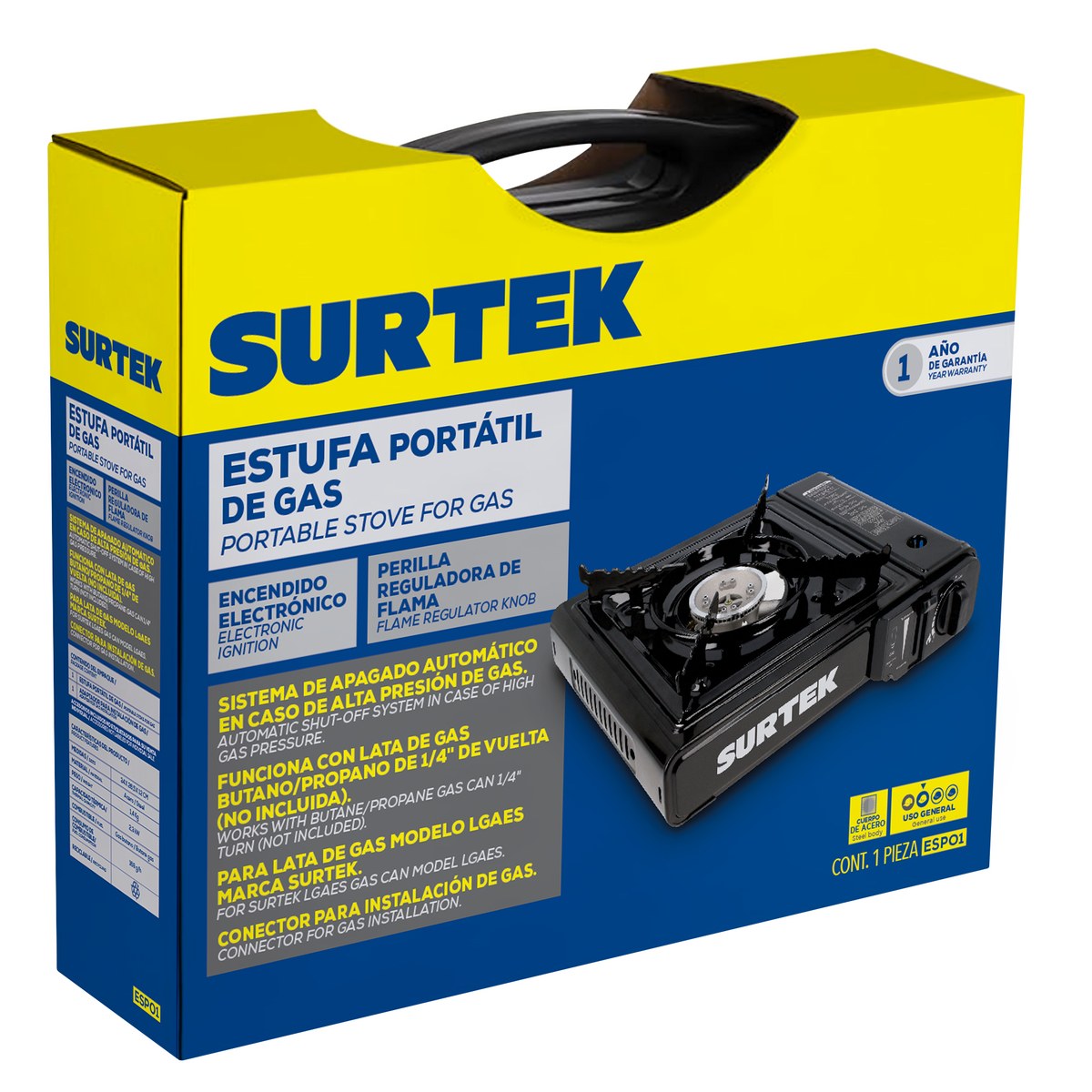 Estufa portátil de gas, con encendido electrónico para lata válvula 1/4 de vuelta Surtek - Imagen 2