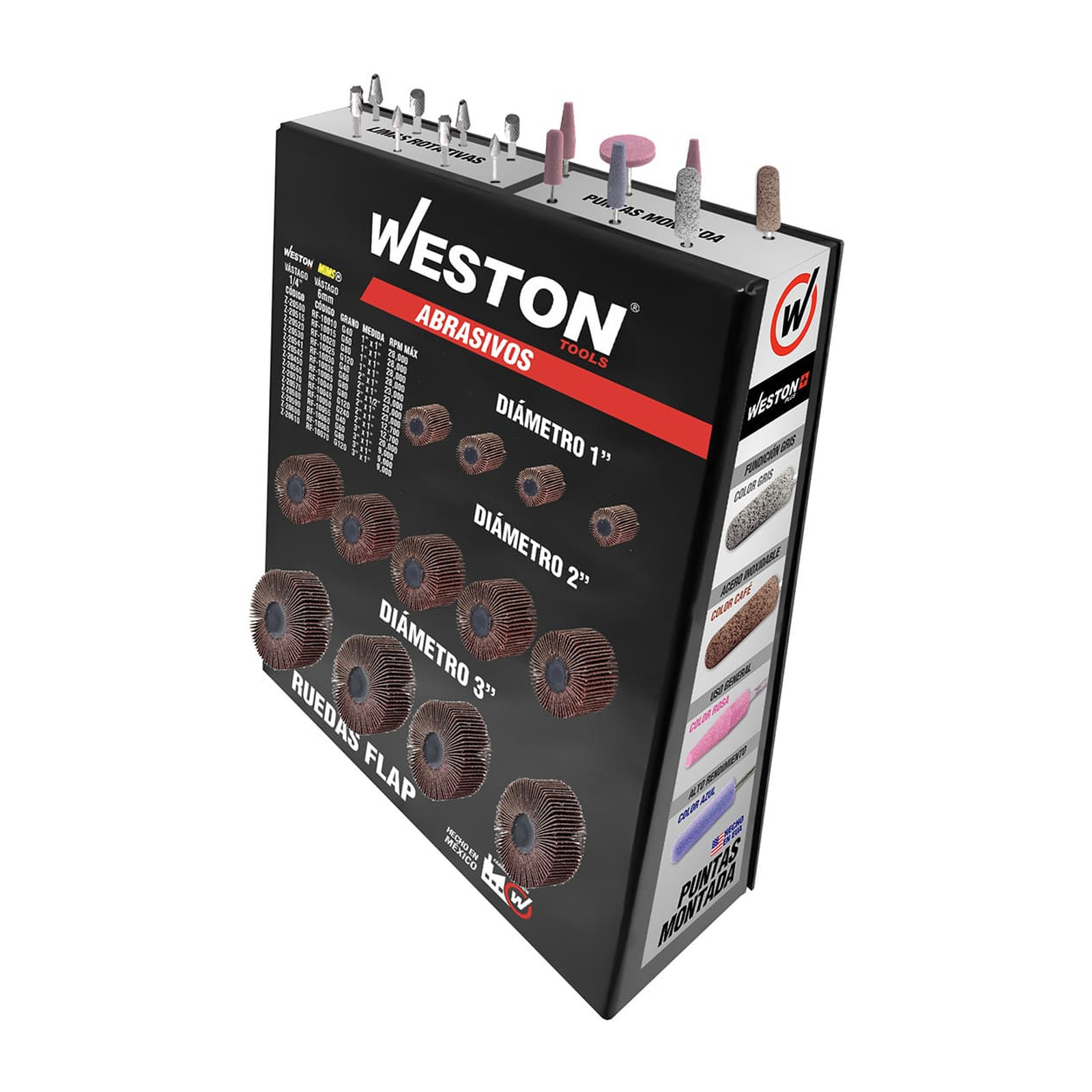 Paquete de Abrasivos 3 con Exhibidor en Comodato Weston