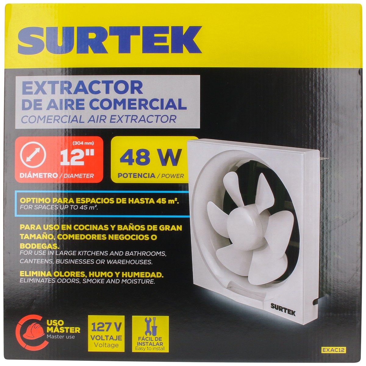 Extractor de aire comercial 12", 45m2 de alcance, 48 w, 1500 m3/h, 60 dB Surtek - Imagen 4