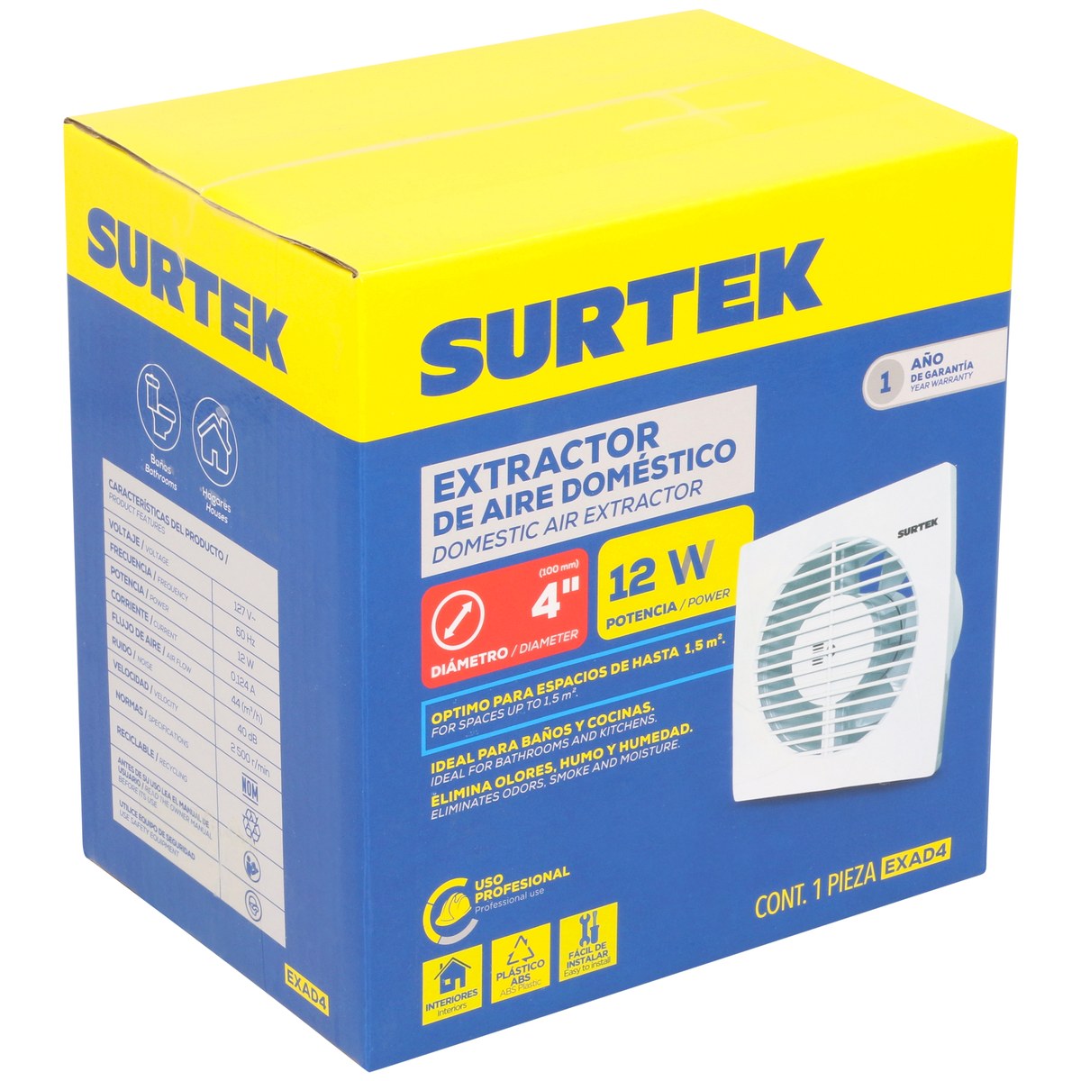 Extractor de aire domestico 4", 1.5m2 de alcance, 12 w, 44 m3/h, 40dB Surtek - Imagen 2